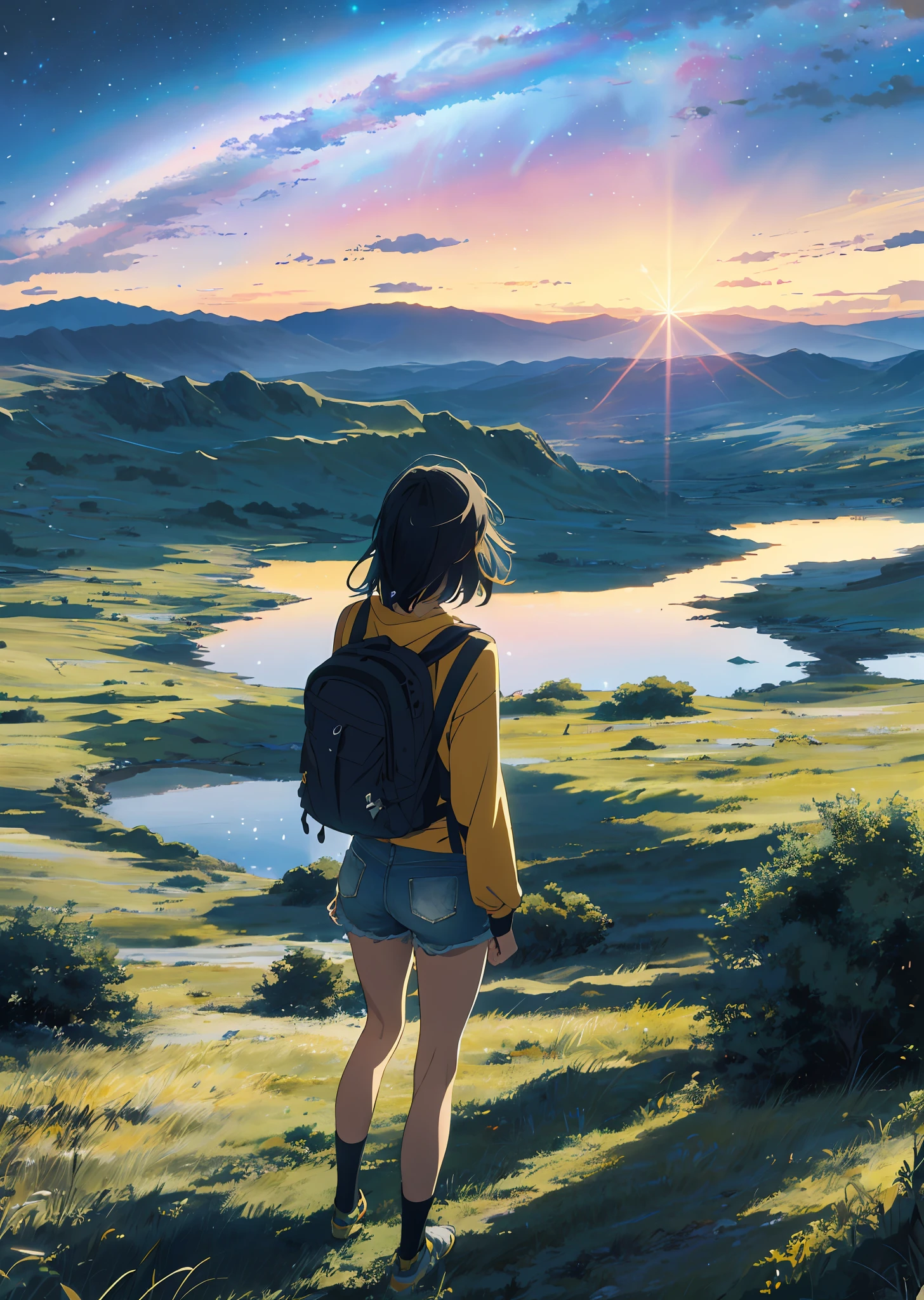 The vast starry sky, the beautiful skyline, the vast grasslands, the extremely tense and dramatic pictures, the moving visual effects, the high-hanging Polaris, and the colorful natural light. A long-sleeved top, denim shorts, and a girl with a backpack.