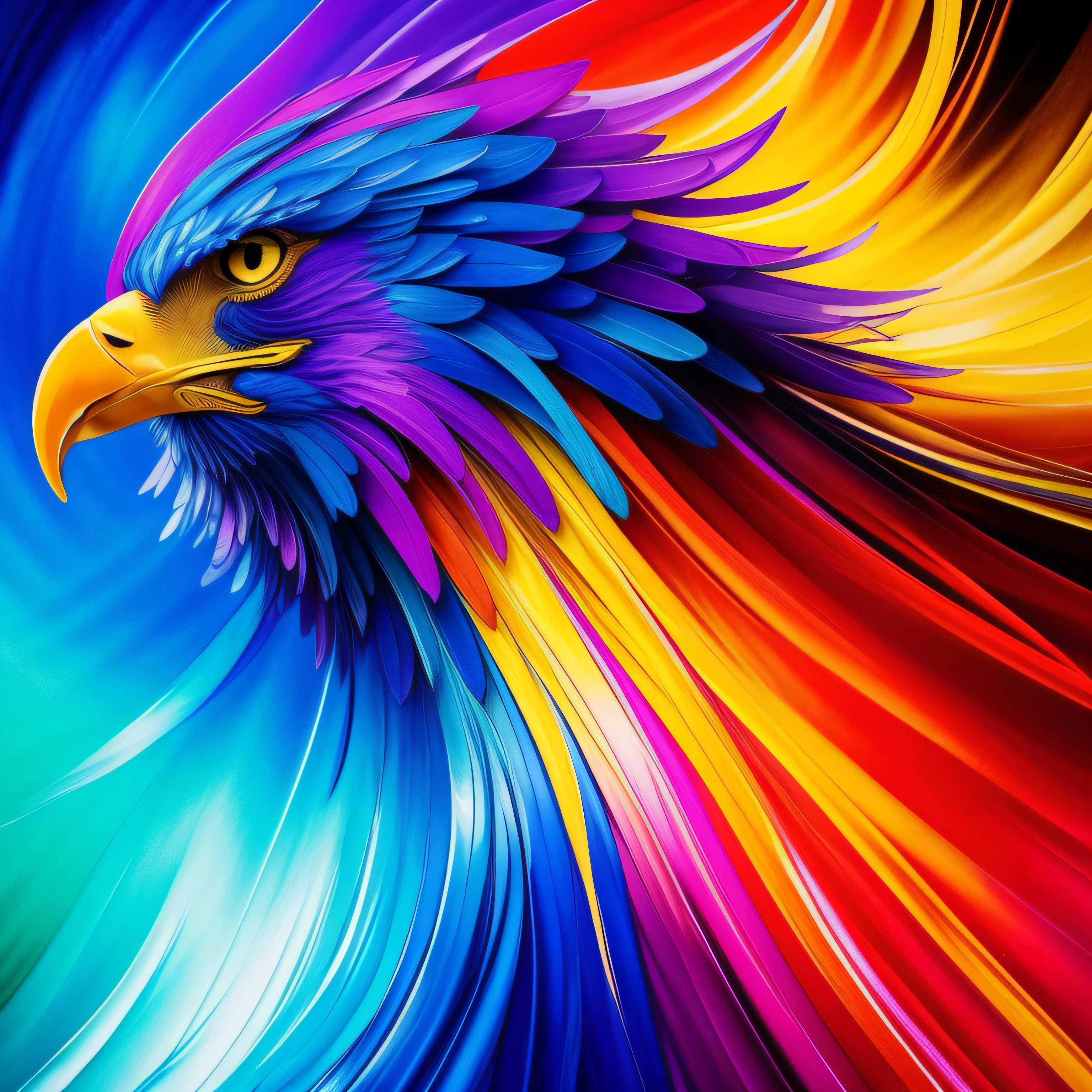 Colorful Eagle: A 28-year-old Giru, oil painting, perfect feathers, blue yellow colors, light purple and violet additions, light red additions, intricate details, welcome screen, 8k resolution, masterpiece, artstation digital painting Very smooth ink flow: 8k resolution Photorealistic masterpiece: Intricately detailed fluid gouache painting: by Jean Baptiste Mongue: Calligraphy: Acrylic: Watercolor Art, Professional Photography, Daylighting, Maximalist Volumetric Lighting Photoillustration: by Marton Bobzert:, Complex, Elegant, Expansive, Fantastic, Vibrant, Best Quality Details, Realistic, High Definition, High Quality Texture, Epic Lighting, Motion Picture Still, 8k, Soft Lighting, Anime Style, Masterful Playing Card Edge, Random Colorful Art, Oil Painting, Blue Yellow Colors, Purple Color Additions clear and violet, light red additions, intricate details, welcome screen, 8K resolution, masterpiece, artstation digital painting Very smooth Black ink flow: 8K resolution Photorealistic masterpiece: intricately detailed fluid gouache painting: by Jean Baptiste Mongue: Calligraphy: acrylic: watercolor art, professional photography, natural lighting, volumetric lighting Maximalist photoillustration: by Marton Bobzert:, complex, Elegant, expansive, fantastic, vibrant