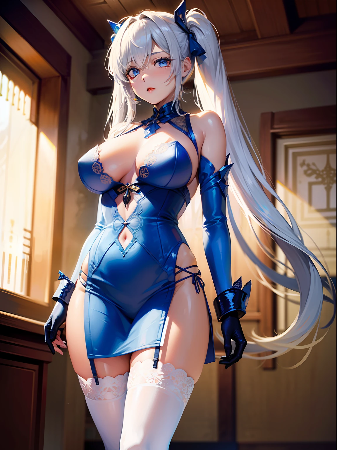 (tmasterpiece,best qualtiy,ultra - detailed,A high resolution),s the perfect face,Sideslit,Glossy glossy skin,standing on your feet,white lace chemise,Blue Themes,(Fantasy mecha),Lace,white thighhig,((lace decorations)),,gorgeous,the motorcycle
(full bloom), (shine), illuminating, Ray traching, ((science_fiction)), exteriors, depth_of_field, the night, Winters,
Kamigawa,Silver Eyes,Hair above one eye,(hair adornments),breast curtains,high-heels,long whitr hair,pigtails