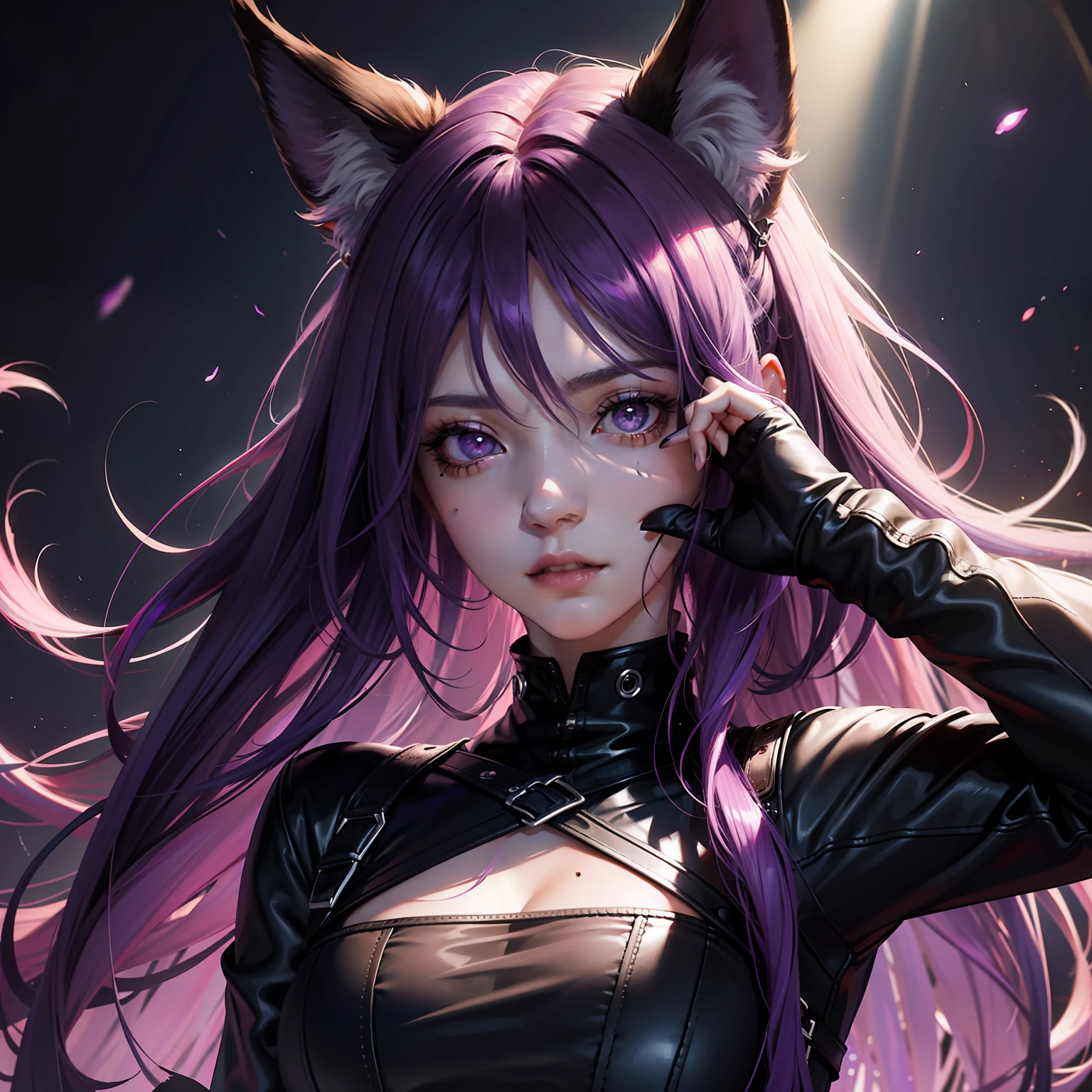 purple hair, curtained hair, mole under eye, gradient eyes, purple eyes, longeyelashes, fox ears, fangs, disdain, Realism, cinematic lighting, backlighting, god rays, chiaroscuro, stereogram, image fill, projected inset, from below, Eye-Level Shot, UHD, UHD, masterpiece, high details