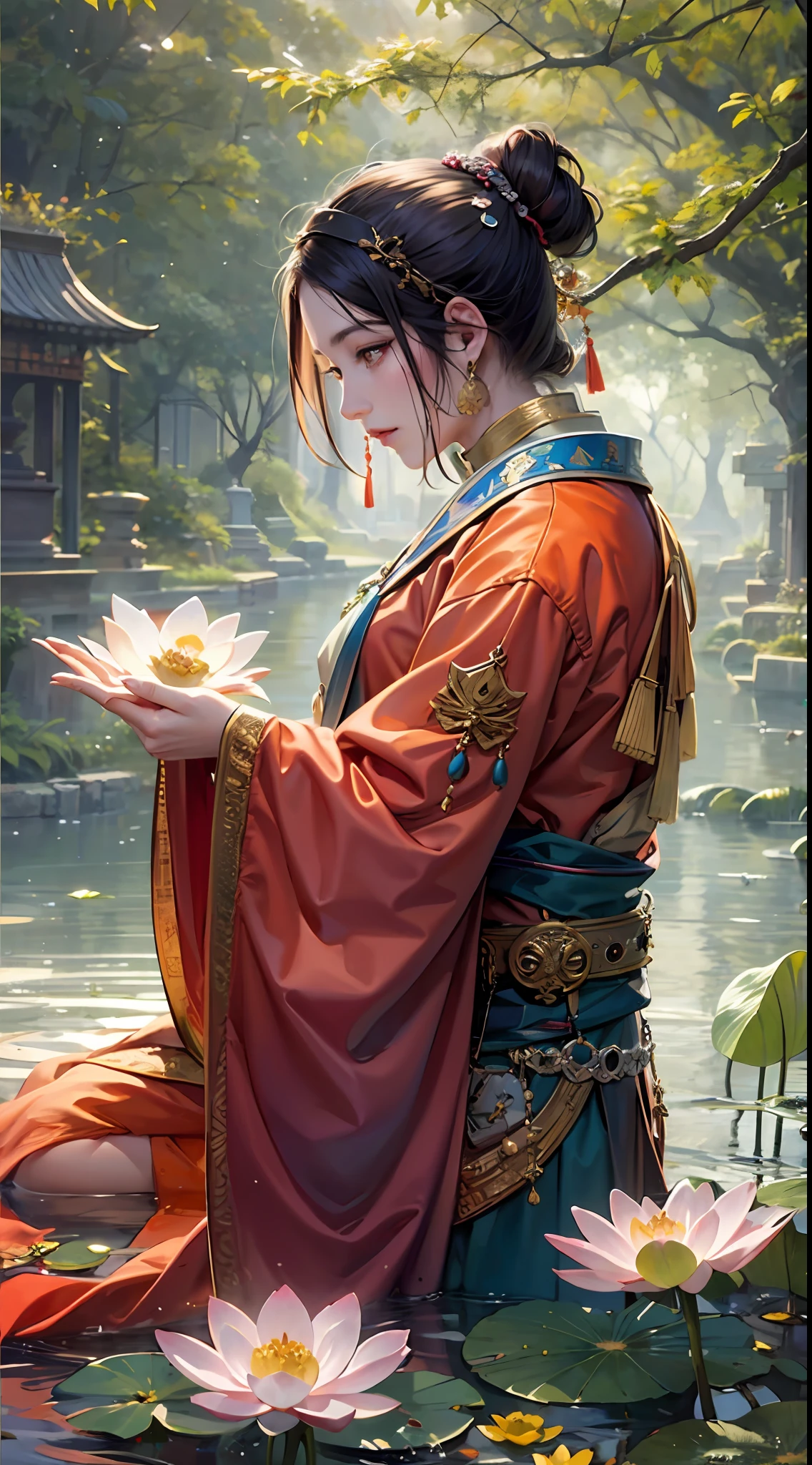 Bowing his head and picking lotus is more merciful，Lotus seeds are as green as water。
Place the lotus in your sleeve，The lotus heart is like a fiery red radiant。masterpiece, best quality, ultra-detailed, best shadow，8k，official art