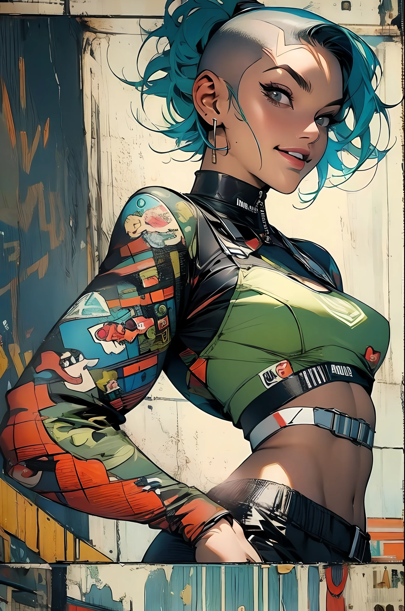 ((( corpo inteiro ))), master part, best quality, super detalhe, 8k, mulher linda, Tank Girl com cara de maluca, sorriso malicioso , roupa techno, (((corpo inteiro))), cabelo moicano colorido, garota punk, post-apocalyptic world, (( do tanque )), Nijistyle, roupas rasgadas e sujas, moicano curto, sides of shaved head, rosto limpo, corpo inteiro