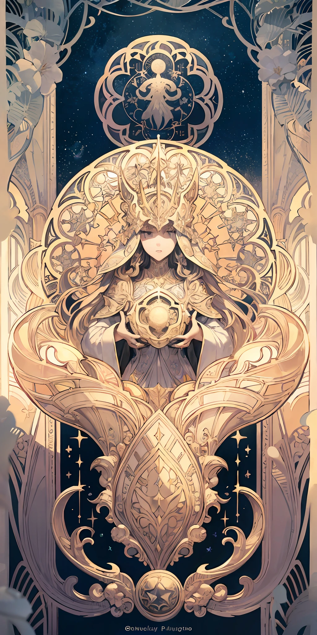 Blank box，Blank card， Slim frame，Flower frame， Decorative panels， abstract artistic， Alphonse Mucha （tmasterpiece， best qualtiy， A high resolution： 1.4）， A detailed， Complicated details， 4K， Color splattering， Line art， Fibonacci， starrysky， natta， exteriors， Clouds， Reflectors， Eau， magick， （tarot cards），Cards， （（beautiful golden crystal star）） buliding， palaces， Patterned， Sumeru， Clouds， themoon