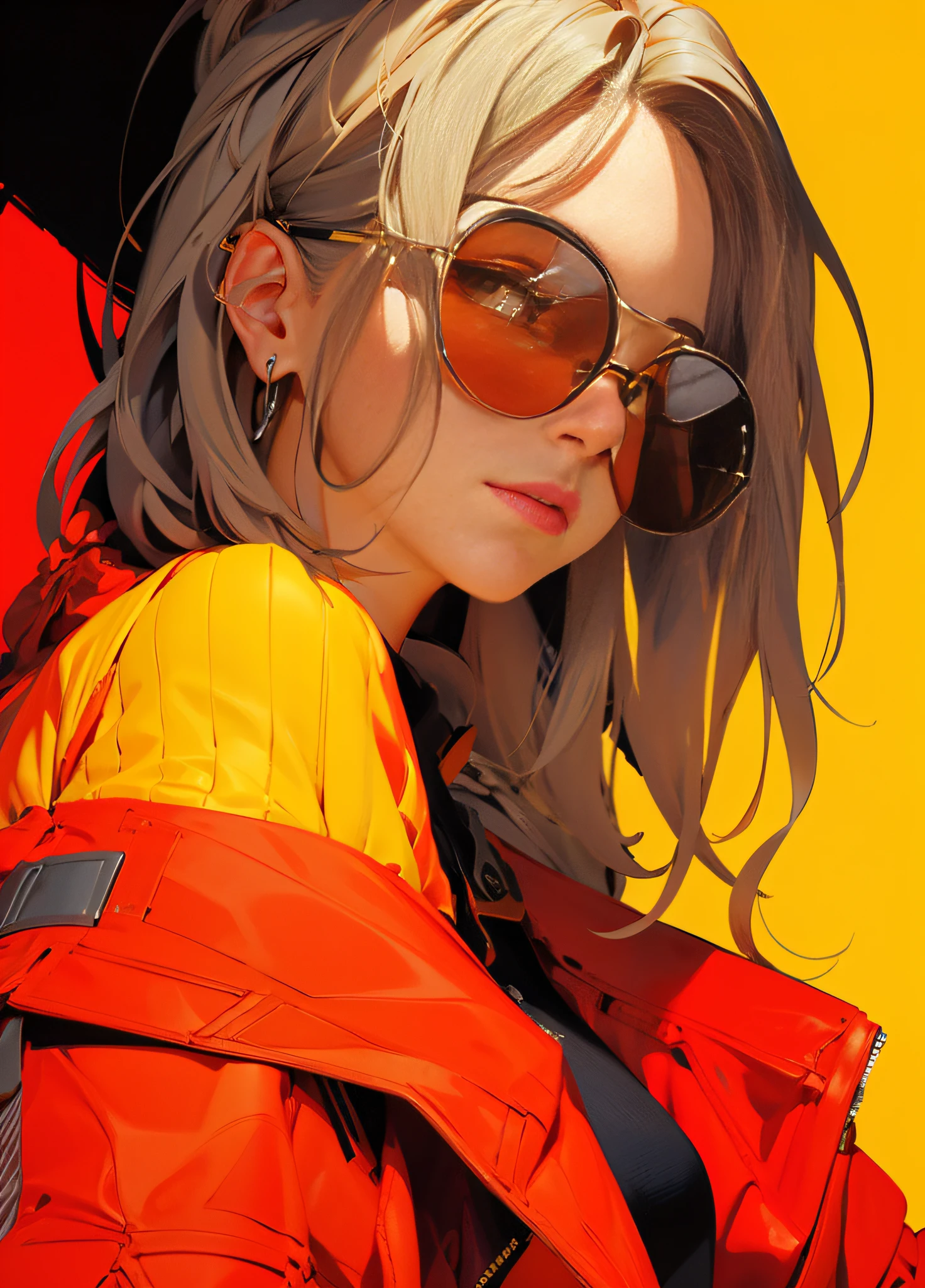 hyper HD, Masterpiece, Anatomically correct, ccurate, Textured skin, Super detail, High quality, High details, Award-Awarded, Best quality, A high resolution,Kizi,sun glasses,red blous,yellow backdrop