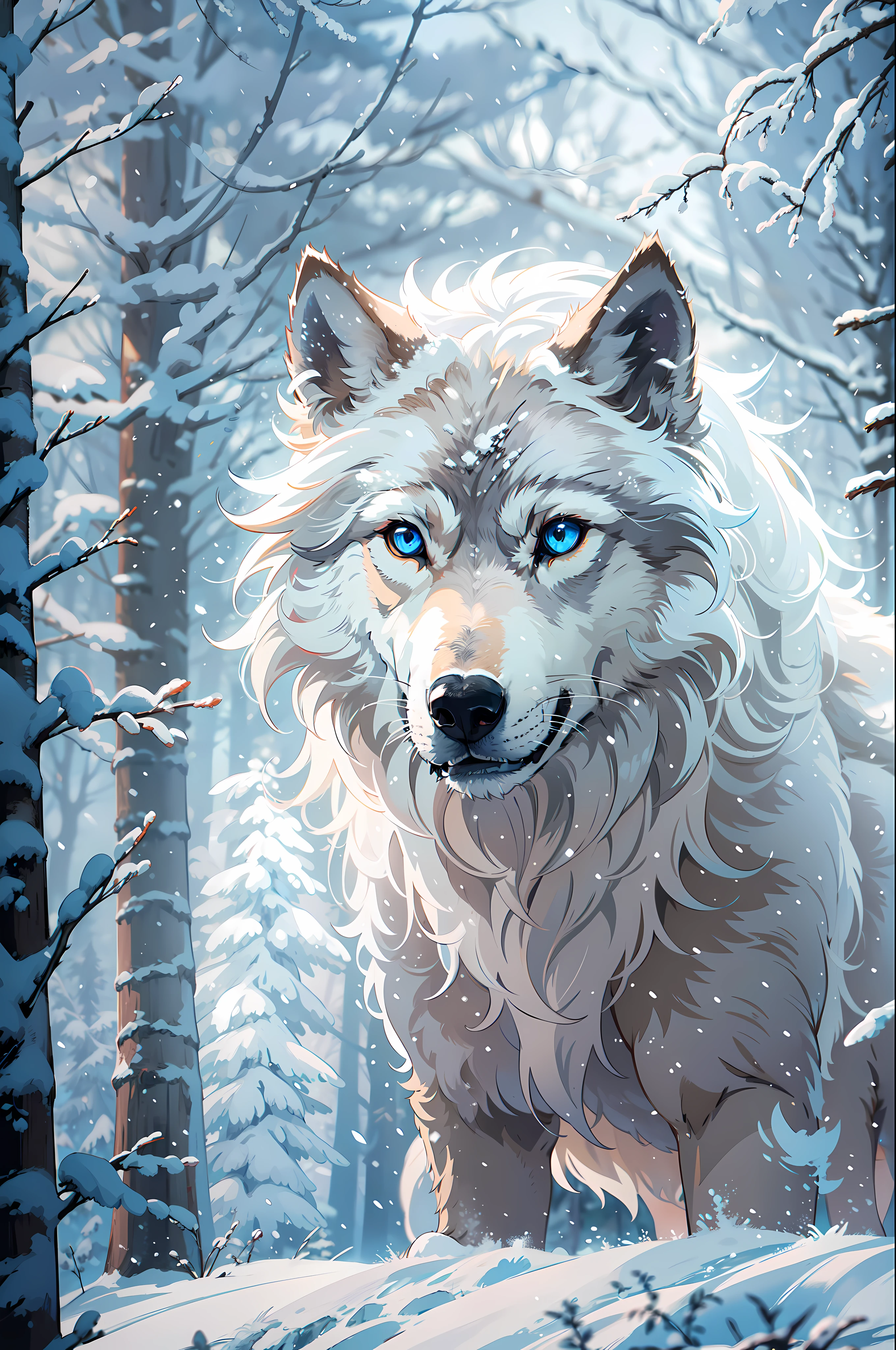 "winter wolf with piercing blue eyes and white fur, set in a Scandinavian forest in winter with snow. The wolf is highly detailed, strong, and big. It is looking directly at the viewer, portraying a slender and fluffy appearance."