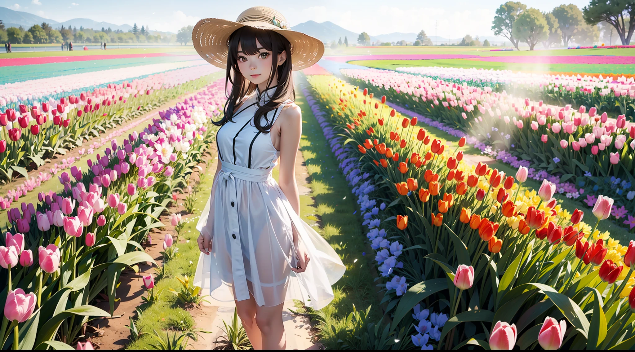 a pretty chinese woman in a field of tulips with a sun hat and sunglasses, wearing a white sleeveless halter dress, tall and slim, dark wavy hair, standing in tulips field, foreground is tulips field, standing in a flower field, woman standing in flower field, standing in a field with flowers, flower fields, girl standing in a flower field, girl in a flower field, in a field of flowers, girl standing in flower field, in a field with flowers