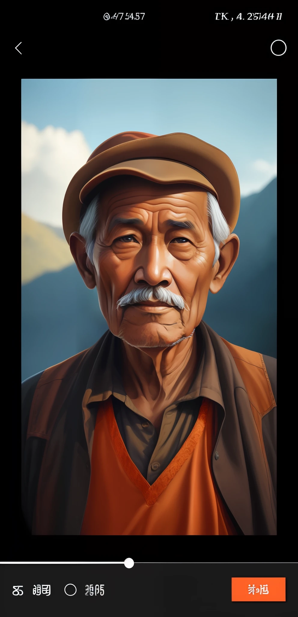 a close up of a man wearing a hat and an orange shirt, color photograph portrait 4k, old man portrait, hyper-detailed portrait, high quality portrait, An old man, hyper realistic digital painting, author：Yang Borun, omar shanti himalaya tibet, Realistic digital painting, Realistic digital painting, author：Michael Cormack, 4K portrait