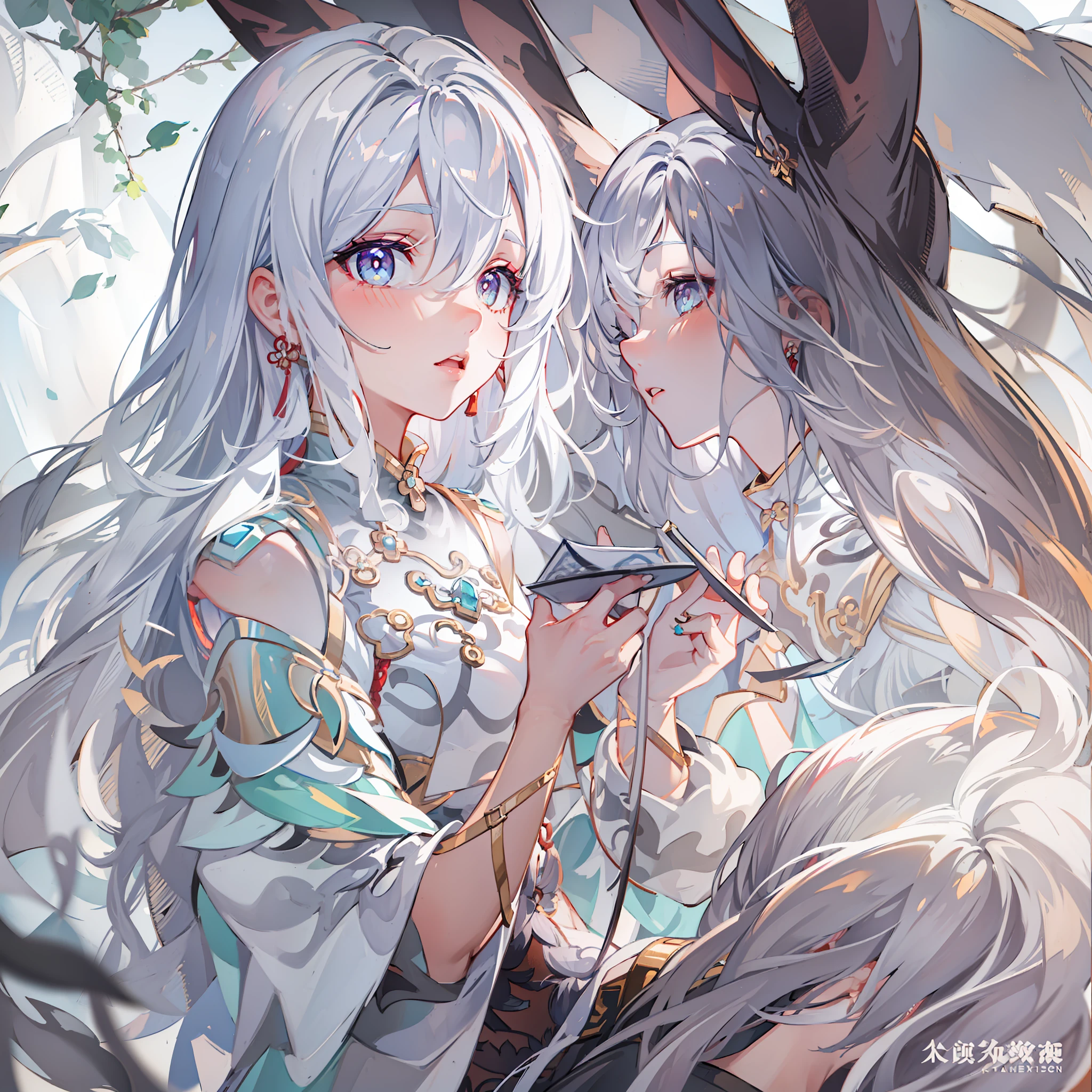 tmasterpiece，HighestQuali，anime girl with long white hair and blue eyes, a character portrait by Kishi Ganku, pixiv, shin hanga, cropped shoulders，short  skirt，white haired deity, white haired, white-haired, girl with white hair, perfect white haired girl, white haired lady, silver haired, silver hair (ponytail), silver hair girl, girl silver hair, white-hair pretty face