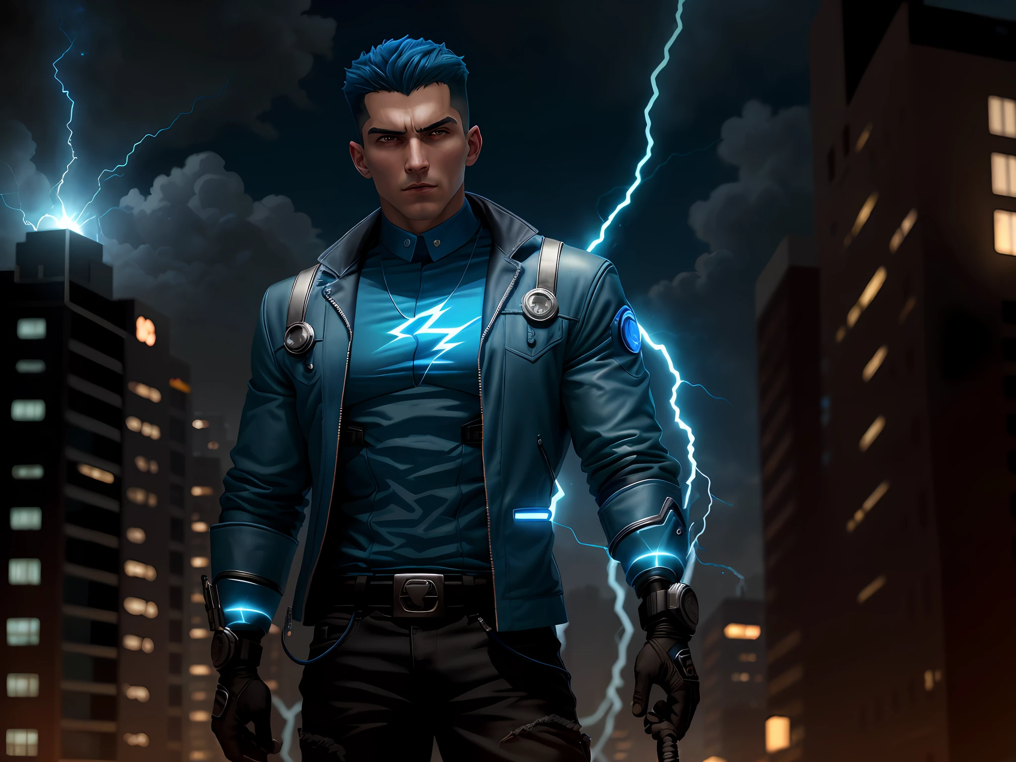 Raio Azul, an impulsive young hero with control over electricity, enfrenta um desafio eletrizante. careca e olhos azuis intensos, ele veste um traje azul e prateado, com detalhes reluzentes que lembram raios. A powerful gang of tech criminals threatens to paralyze the city with their high-voltage devices. The Blue Ray must use its ability to generate and control electricity to neutralize the threat, Thwarting the gang's plans and protecting citizens. No entanto, He will need to learn to control his impulsivity and use his skills wisely to meet this challenge.