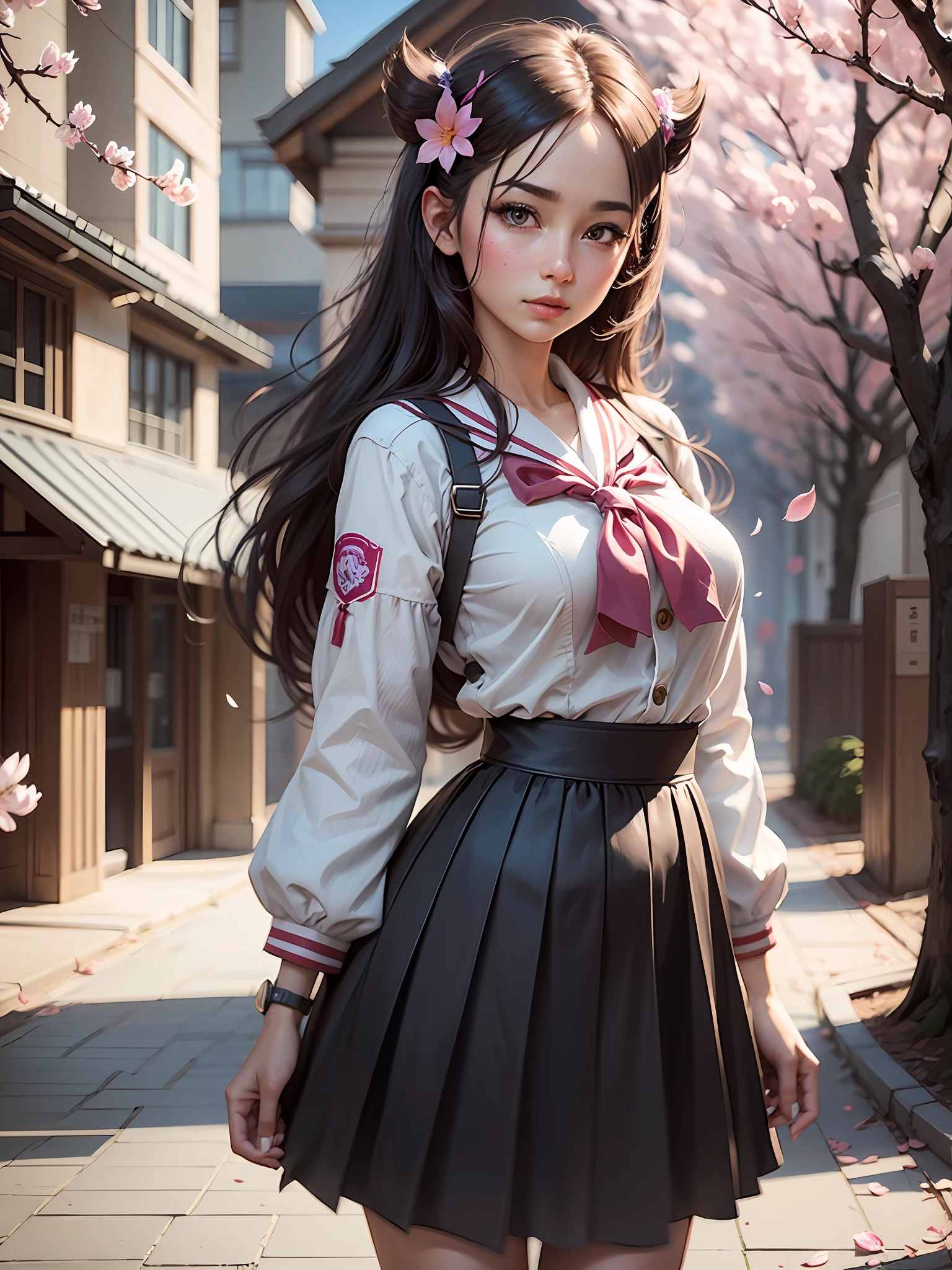 (A pretty anime school girl in japanese school outfit is standing under the cherry blossom outside of the school),blown hair and eyes,vibrant coloured cherryflakes in the air,front view,wide shot,far shot,full body shot,exotic coloured environment,highly resolution,highly quality,UHD,HDR,ultra detailed figure,nice eyes,nice hands,nice legs,nice face,cinematic lighting,dramatic lighting,delicated colours,symmetrical,crisp quality,intricate pattern of outfit and figure,unreal engine,trending,on artstation,UHD,HDR,highly stylized figure,sharpness,octane render,magic realism,realistic colours,intricacy of the design,modular constructivism,(perfect illustration art by Ray Caesar), --auto --s2