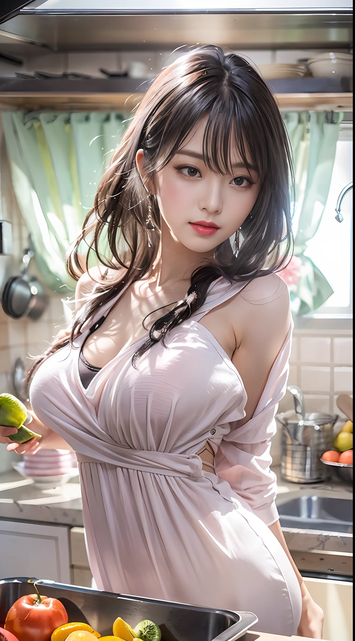 ((Top Quality, 8K, Masterpiece: 1.3)), Super Cute Beauty, One Girl, (Beautiful: 1.3), (Abs, Slender Figure: 1.1), Sharp Focus, (((Complex Details)))), High Detail, ((Full Body)), 1 Girl, Black Straight Hair with Bangs, Woman Sleeping On Countertop.
Women have long hair tied back and wear a white shirt and jeans.
The woman looks tired and sleepy.
The kitchen is bright, with sunlight streaming in through the windows.
Next to the sink are cut vegetables and fruits.
It seems that the woman was trying to cook, but got tired and fell asleep. Detailed clothes, 8K, 8K resolution, clean detailed face, detailed body, detailed clothes, sharp images, seductive sexy models, trends on Artstation, watch the viewer, facing the viewer, seductive model pose, seductive smile, pink lipstick, bokeh, depth field, 9 life-size, 32k resolution, full body image, shot with EOS 5D Mark IV, milbus 2.8/  18 ZE lens, 18mm lens, f2.8, ((low angle shot, from below)), wide angle, leg focus, night Paris café 32k background, beautiful legs, cleavage, one-shoulder dress, model pose, stylish, classy fashion,