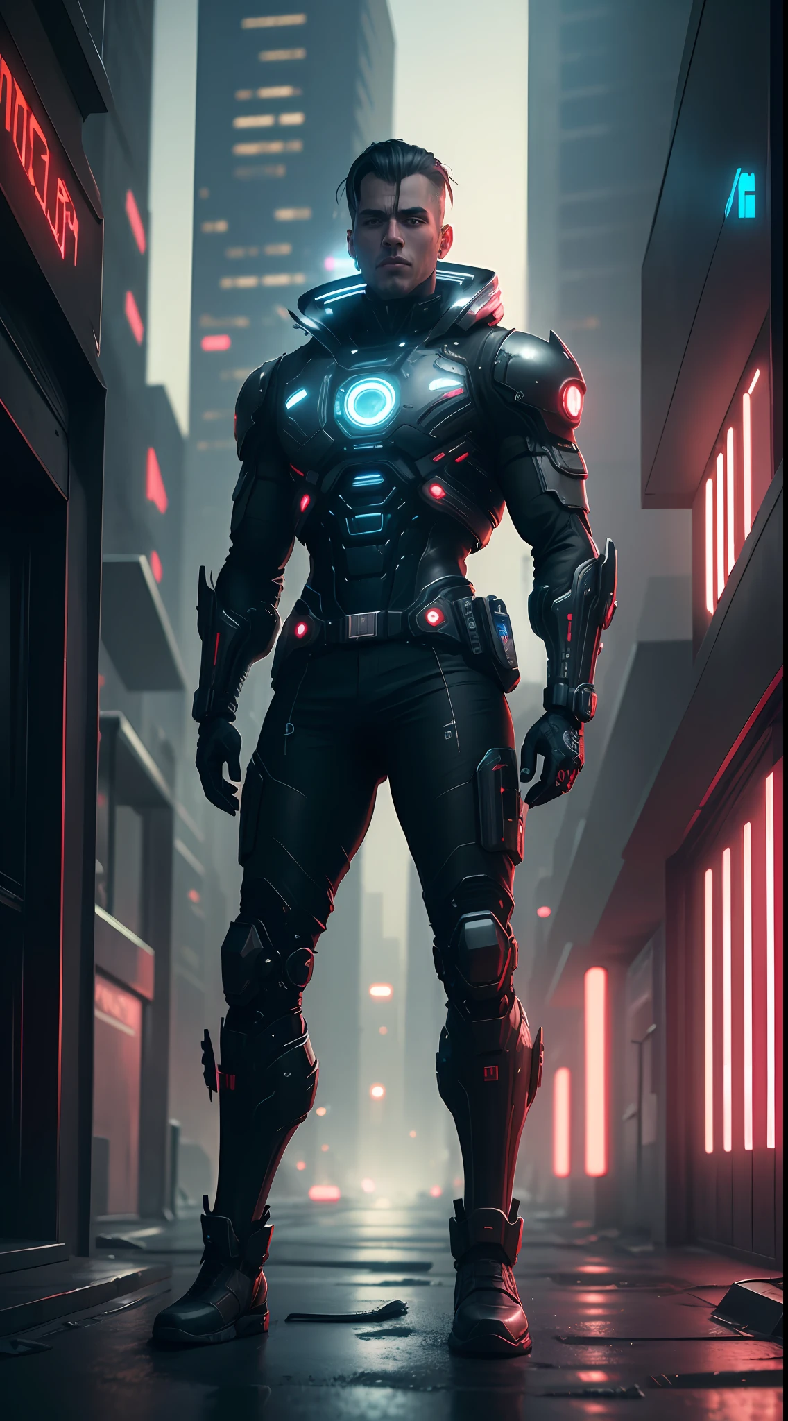 (Ultra calidad 8k), estilo cyberpunk, dystopian city, Characters with cybernetic implants and dark environments., Atmospheric touch, volumetric illumination