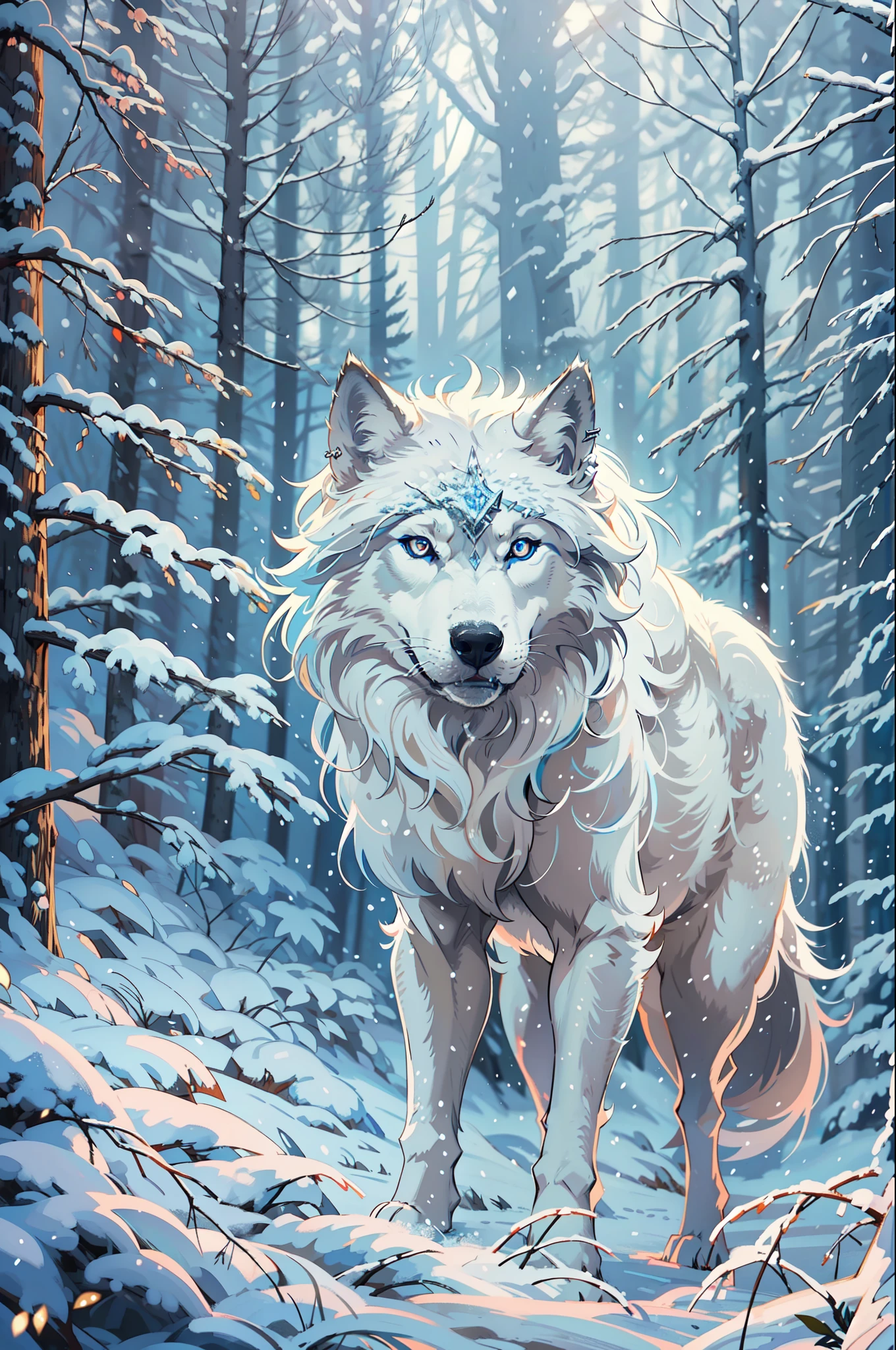 winter wolf with piercing blue eyes and white fur, set in a Scandinavian forest in winter with snow. The wolf is highly detailed, strong, and big. It is looking directly at the viewer, portraying a slender appearance.