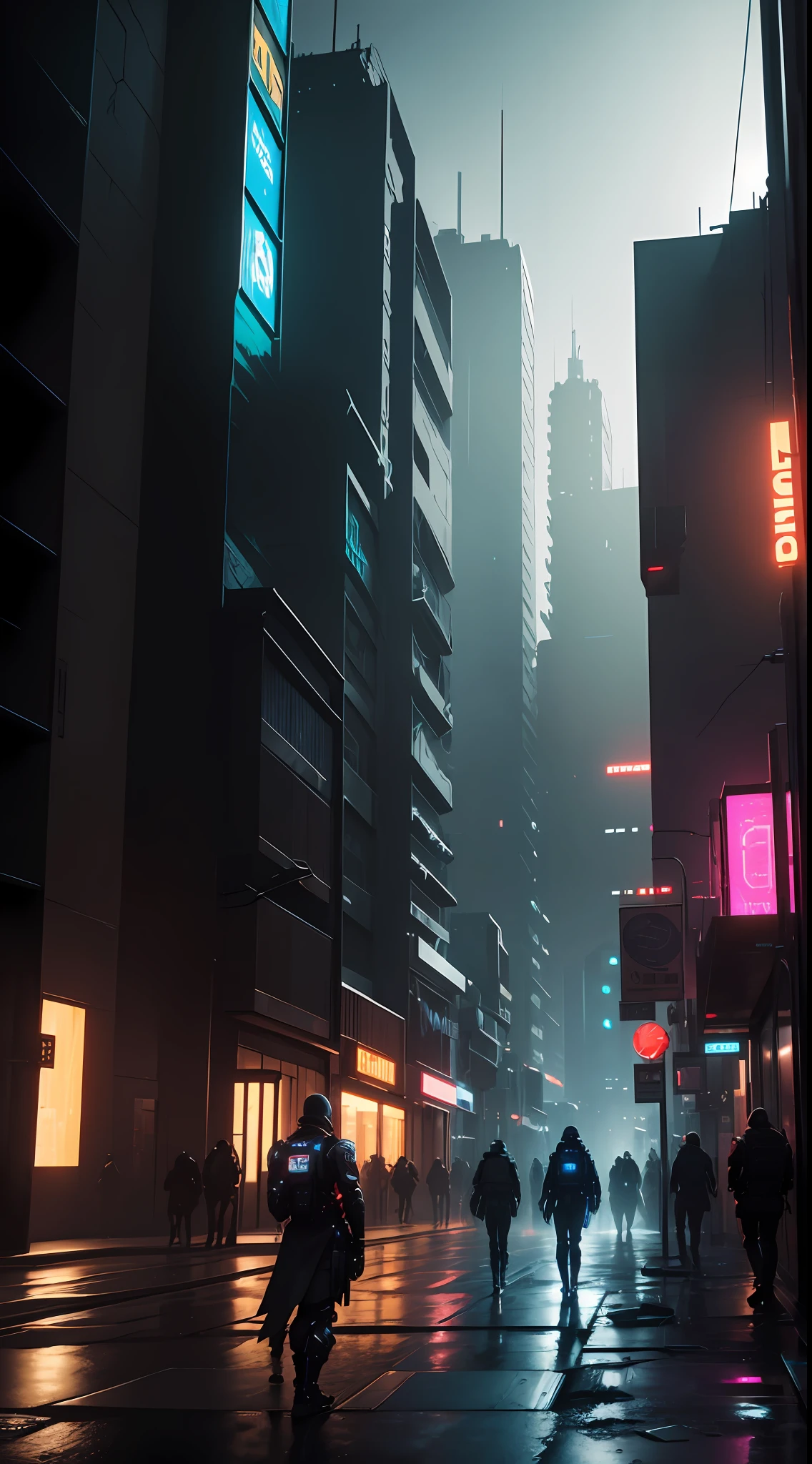 (Ultra calidad 8k), estilo cyberpunk, dystopian city, Characters with cybernetic implants and dark environments., Atmospheric touch, volumetric illumination