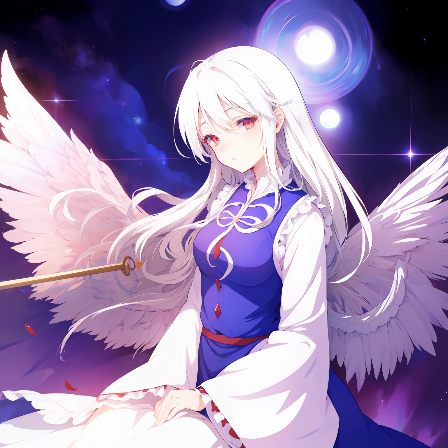 masutepiece, Fine detail, 4K, 8K, 12K, Solo, 1 person, Beautiful Girl, caucasian female, Sariel, Touhou Project, White hair, Red Eyes, Wings, Blue clothes, cana, Dream fantasies, cosmic background, nigh sky, Milky way, Milky way