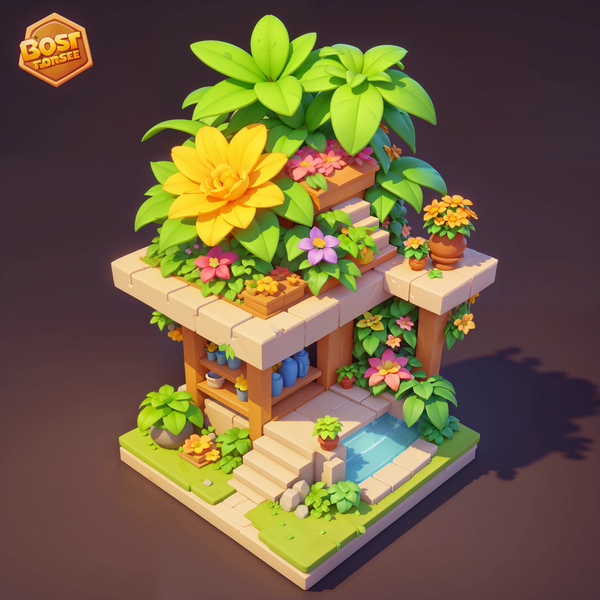 floral arrangements,gardening,A single object,potted,China-style,solid color backdrop,3D rendering 2D,game icon asset,((cartoony)),(((Simple structure))),volumettic light},a plant,florals,(The tree),Game icon design,super detailing,best qualtiy, blender,
