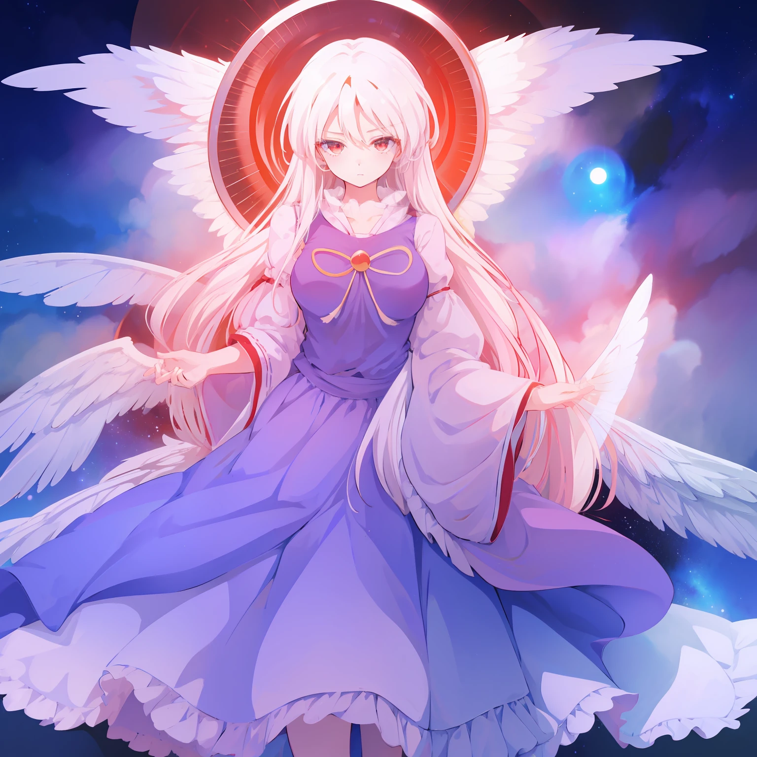 masutepiece, Fine detail, 4K, 8K, 12K, Solo, 1 person, Beautiful Girl, caucasian female, Sariel, Touhou Project, White hair, Red Eyes, Wings, Blue clothes, cana, Dream fantasies, cosmic background, nigh sky, Milky way, Milky way