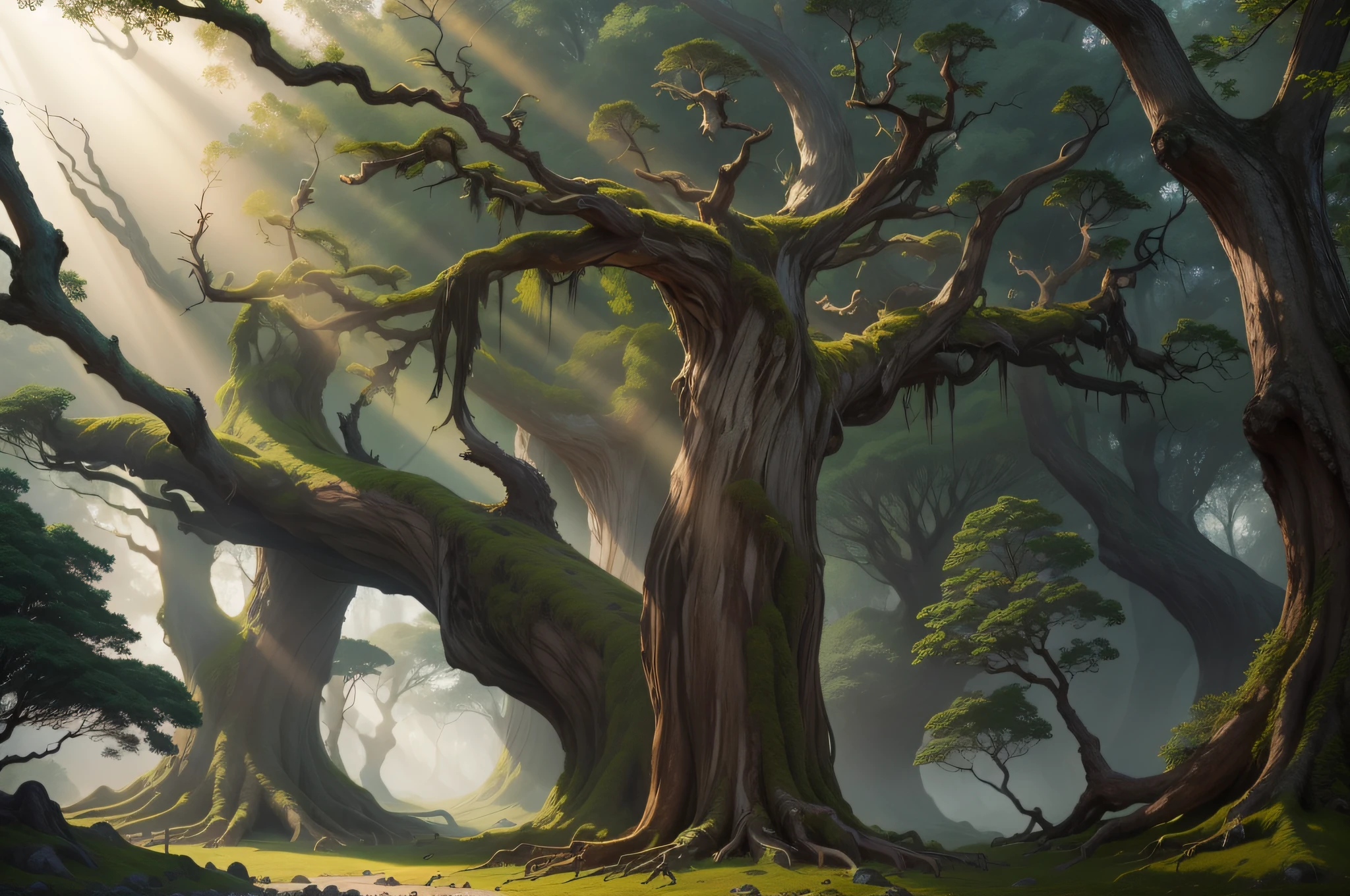 Photo-realistic, 1000 ages-old, a huge and lash old tree alone, More than 500 feet,higher than the hills, Mottled moss grows on the brown bark, the tree have mega branches,hundreds tree root strips,and mega green leaves,bluesky