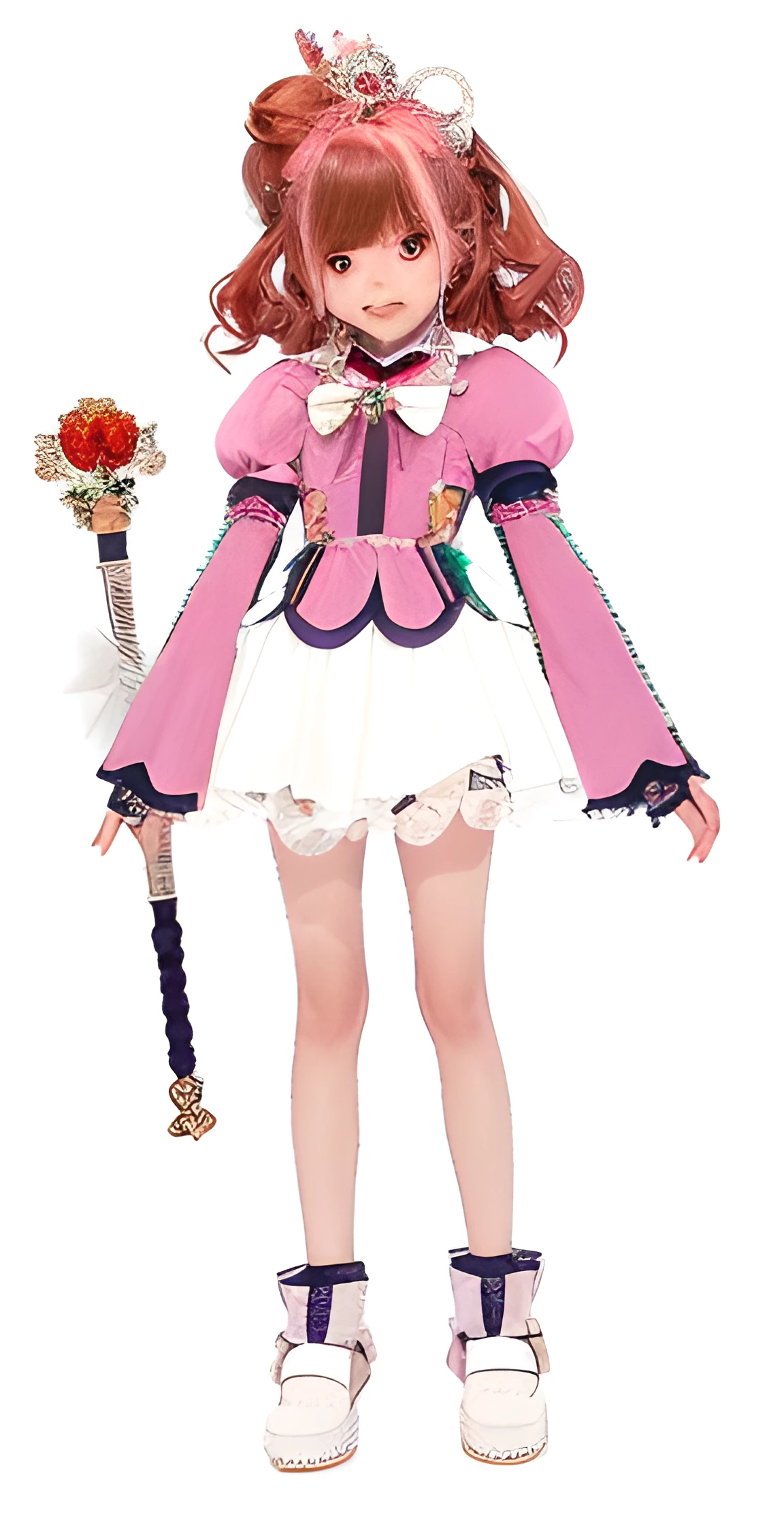 a photo of a 14-year-old magical girl wearing a pink dress with 3 green gemstones and blue details standing, ray tracing, Realistic, Realistic, Dramatic, Menina de 14 anos, 1girl, Corretor Yui, pernas nuas, cabelos castanhos claros, cabelo da antena, olhos castanhos, mangas rosa destacadas, Mangas Julieta, vestido rosa, Broche verde, sorridente, mostrando dentes, Standing, cabelos ondulados, Franjas, jewelries, seios grandes, Looking at the Viewer, magical girl, saia rosa, medium hair, saia, sorrir, sozinho, Asas de fada, Luvas, auricular, mangas compridas, minissaia, vestido curto, Coxas, tighs grossos, varinha azul, Segurando a parede, Botins, Asas, white bow, gravata borboleta branca, luvas brancas, mangas inchadas, fundo simples, fundo branco, corpo inteiro