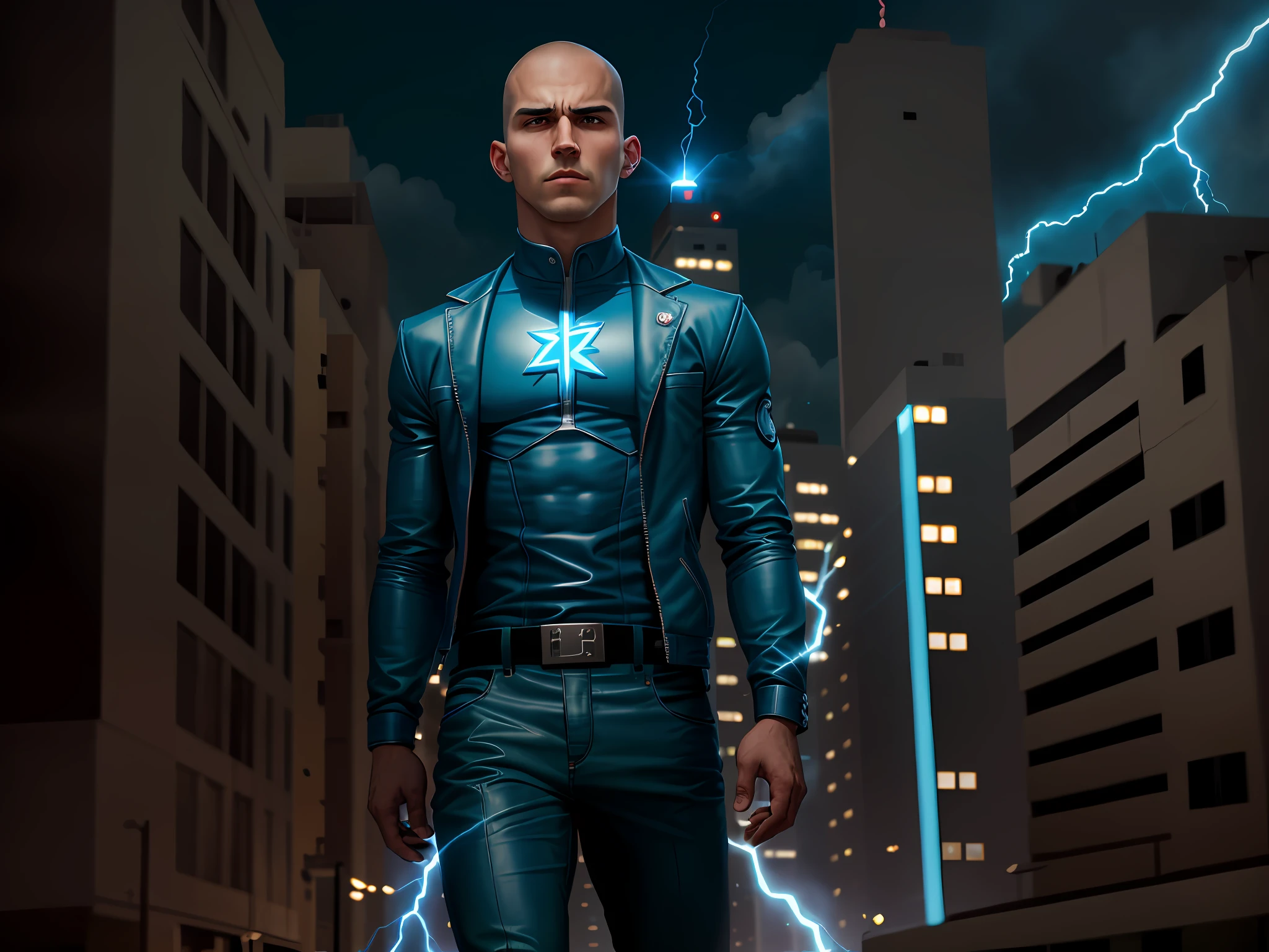 8k Raio Azul, an impulsive young hero with control over electricity, enfrenta um desafio eletrizante. careca e olhos azuis intensos, com barba curta ele veste um traje azul e prateado, com detalhes reluzentes que lembram raios. A powerful gang of tech criminals threatens to paralyze the city with their high-voltage devices. The Blue Ray must use its ability to generate and control electricity to neutralize the threat, Thwarting the gang's plans and protecting citizens. No entanto, He will need to learn to control his impulsivity and use his skills wisely to meet this challenge.