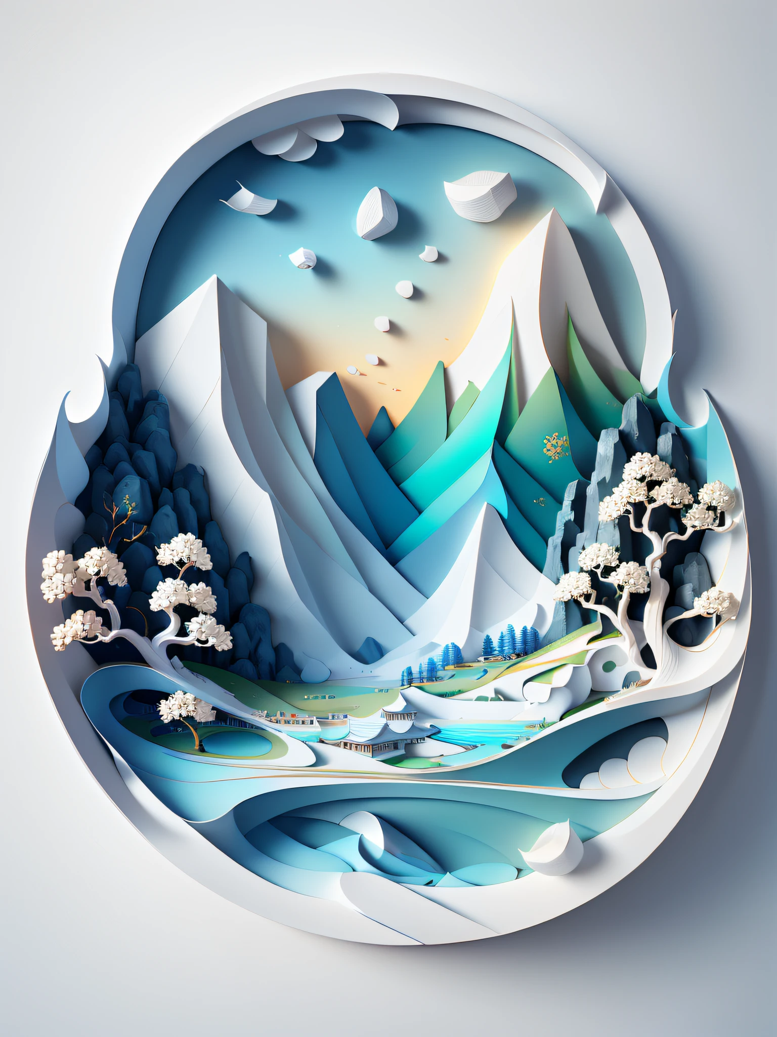 Traditional Chinese landscape painting, paper creation, 3D stereoscopic rendering, color gradient from white to light blue, 4K resolution, simple and natural composition, :white background, fresh and vulgar style. (:nature:)