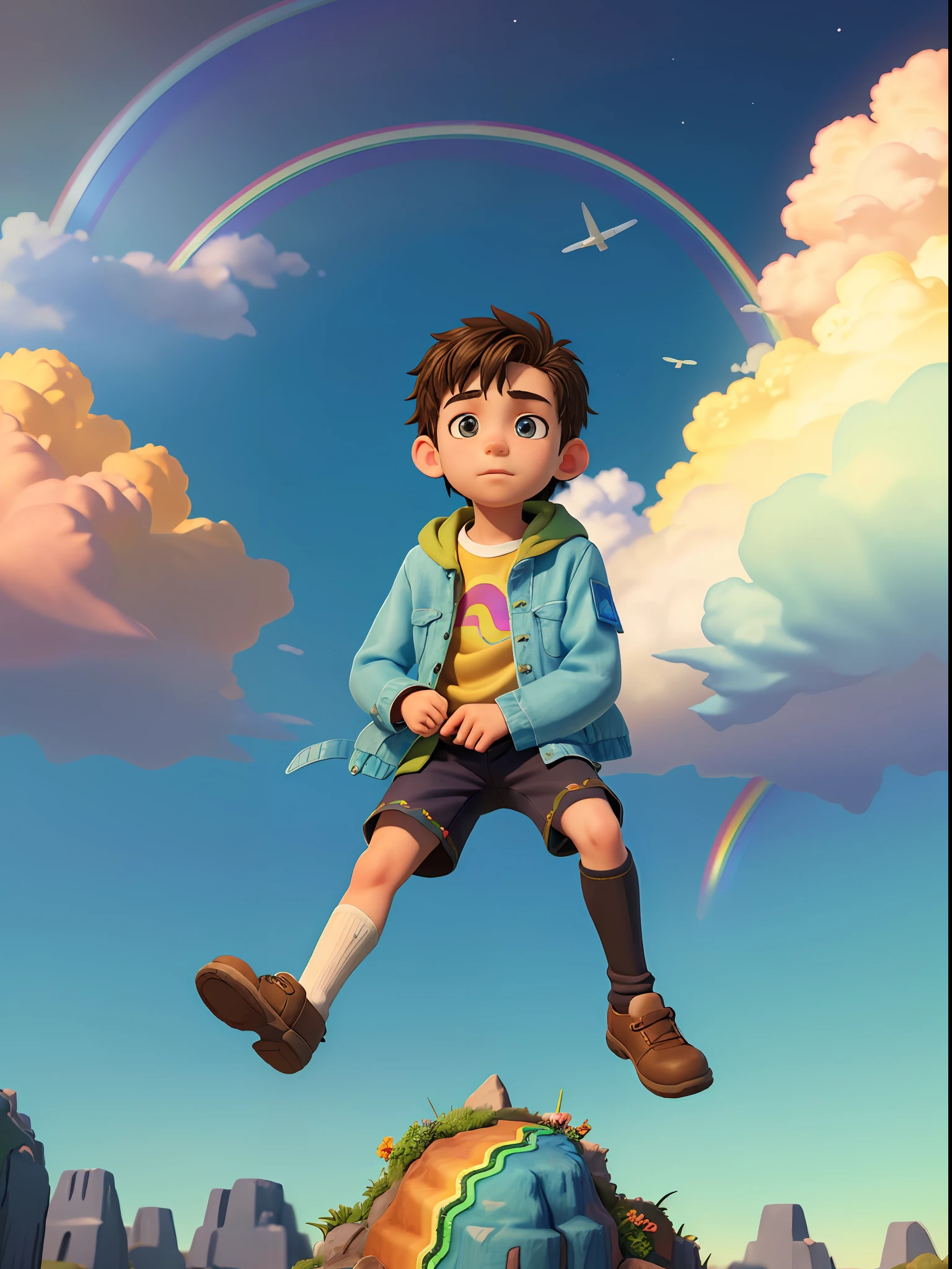 ((Rainbow Daytime Sky)),  boy, towards the future, masterpiece, highest quality, ((Photorealistic: 1.4)) Masterpiece, illustration, very delicate and beautiful, highly detailed CG, 8k wallpaper, amazing, fine detail, highly detailed CG Unity 8k wallpaper, huge file size, super detail, ultra high resolution, high resolution, very detail, (( Very detailed eyes and face)), beautiful detailed eyes, very detailed face, perfect lighting, face light, natural colors, (((10-year-old y))partu (rough style with the whole body in the picture, including both legs)), the future is bright, ((rainbow daytime sky)), lights from the front,