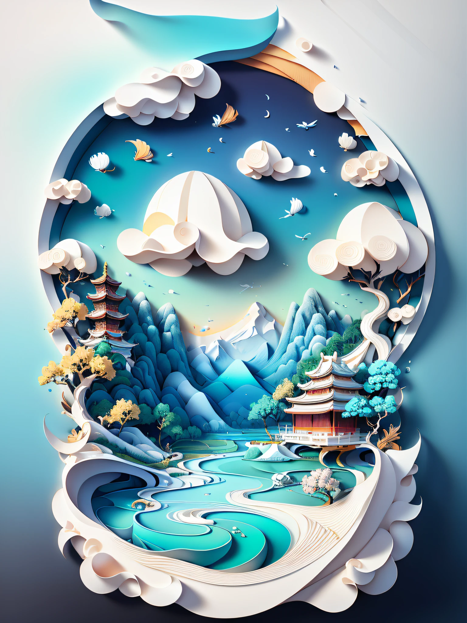 Traditional Chinese landscape painting, paper creation, 3D stereoscopic rendering, color gradient from white to light blue, 4K resolution, simple and natural composition, :white background, fresh and vulgar style. (:nature:)