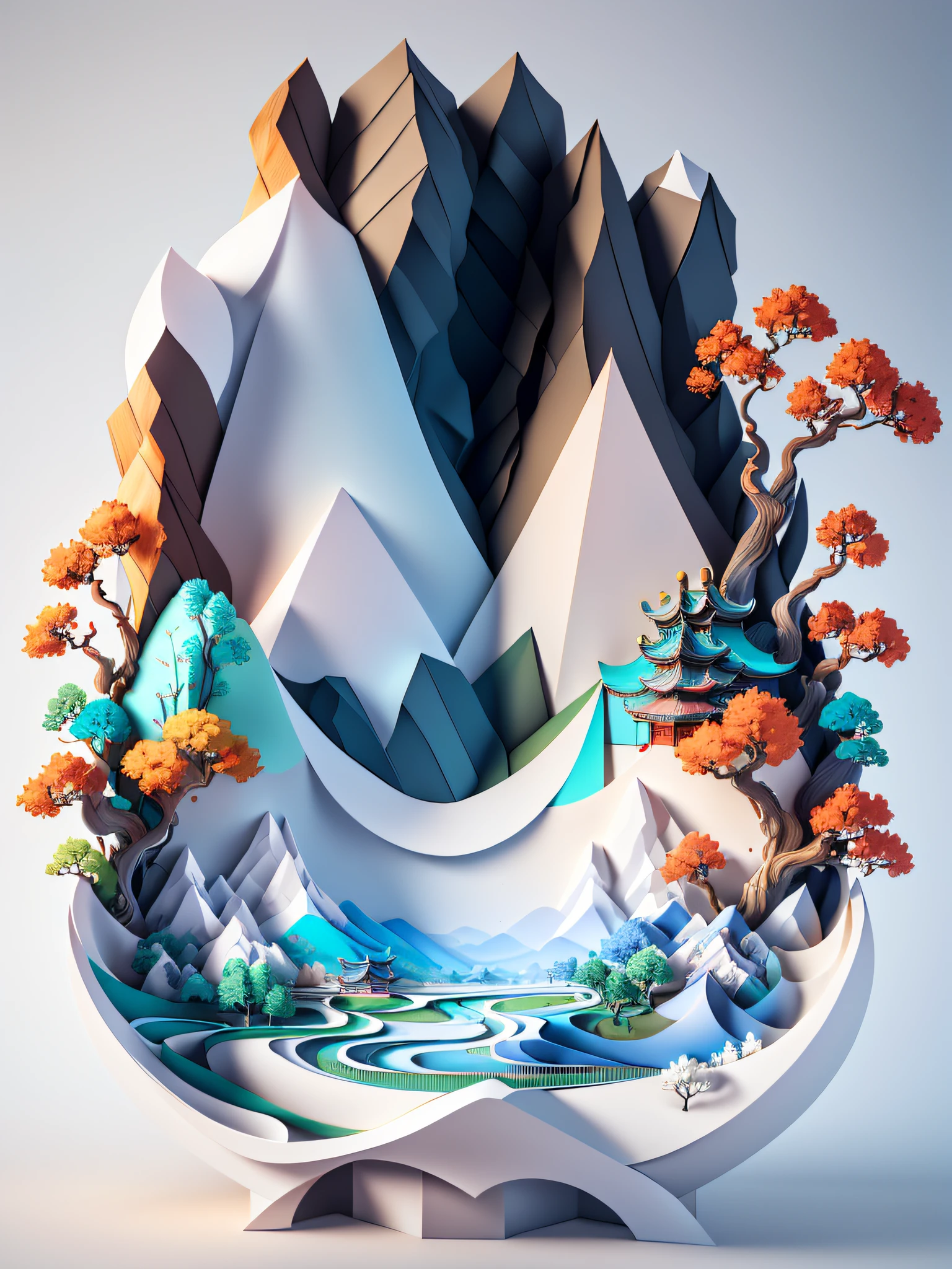 Traditional Chinese landscape painting, paper creation, 3D stereoscopic rendering, color gradient from white to light blue, 4K resolution, simple and natural composition, :white background, fresh and vulgar style. (:nature:)