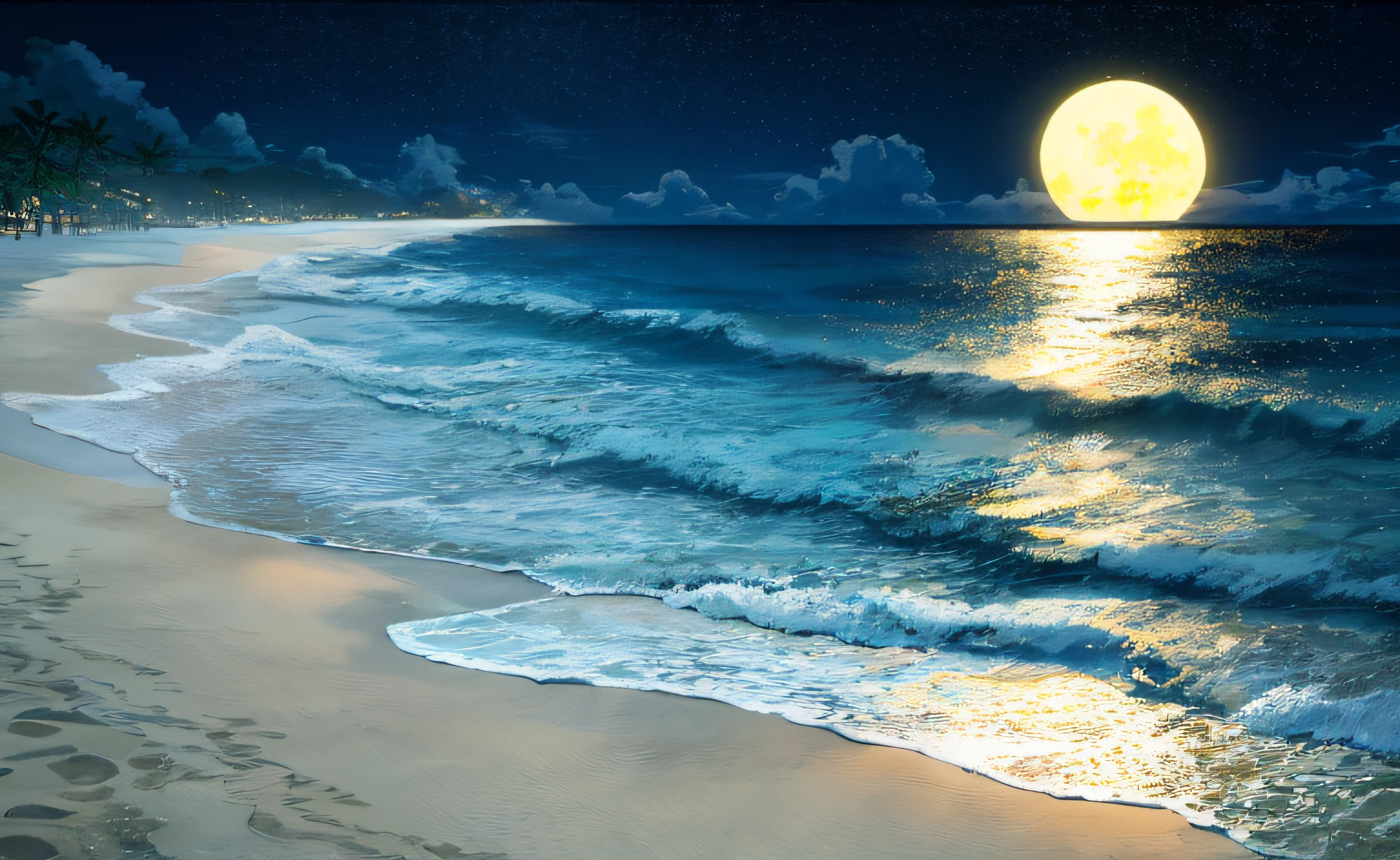 the ocean,Rochas,Golden sand,Bright moon,Pitch black night sky,Shine with the stars。