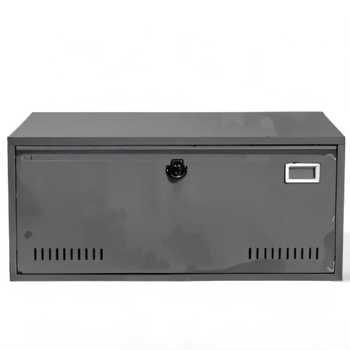 A gray metal box，There is a lock on the front, lockbox, top angle view, front top side view, light box, side view centered, grey metal body, charging plug in the chest, Product photo, Large chest, Small chest, wide high angle view, front portrait, front side full, Portrait c 12.0, portrait c 1 2. 0 is placed in the living room