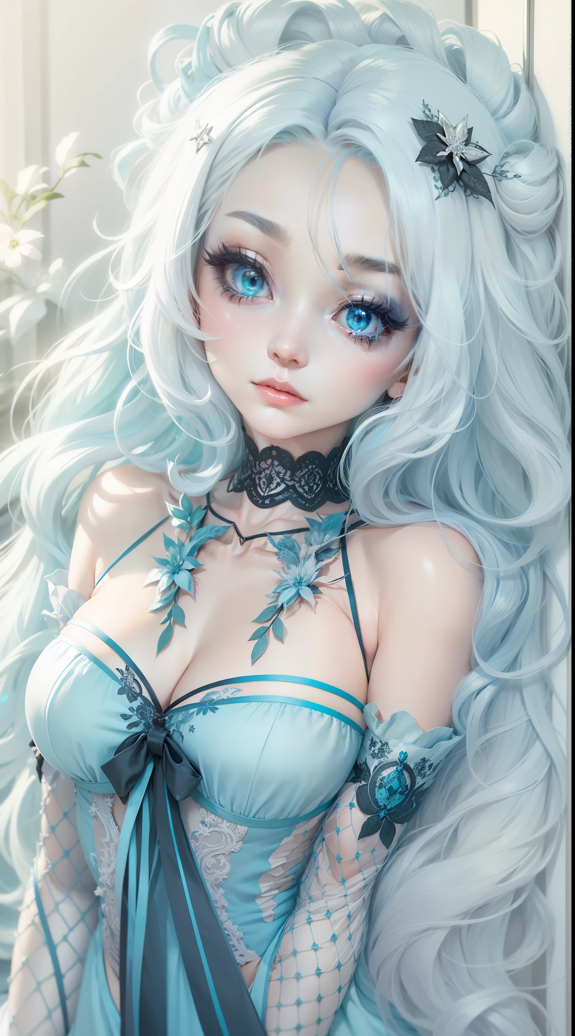 blue hairs，Long hair，Black and white staggered dress pajamas，Long legs，Plain white stockings，Sad-eyed eyes，A gentle woman，Moist body，lie on one's side