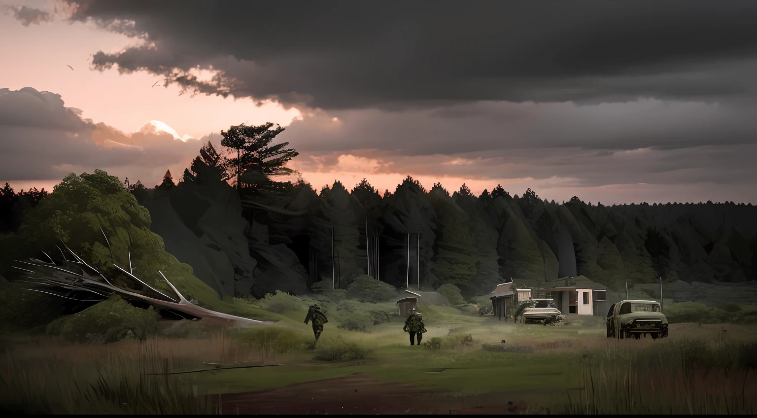 A forest filled with brush and fallen trees, with an abondoned European style house in the distant background, the battle field has dead zombies, guns laying on the ground dead soldiers, before sunset evening, overcast, damaged,