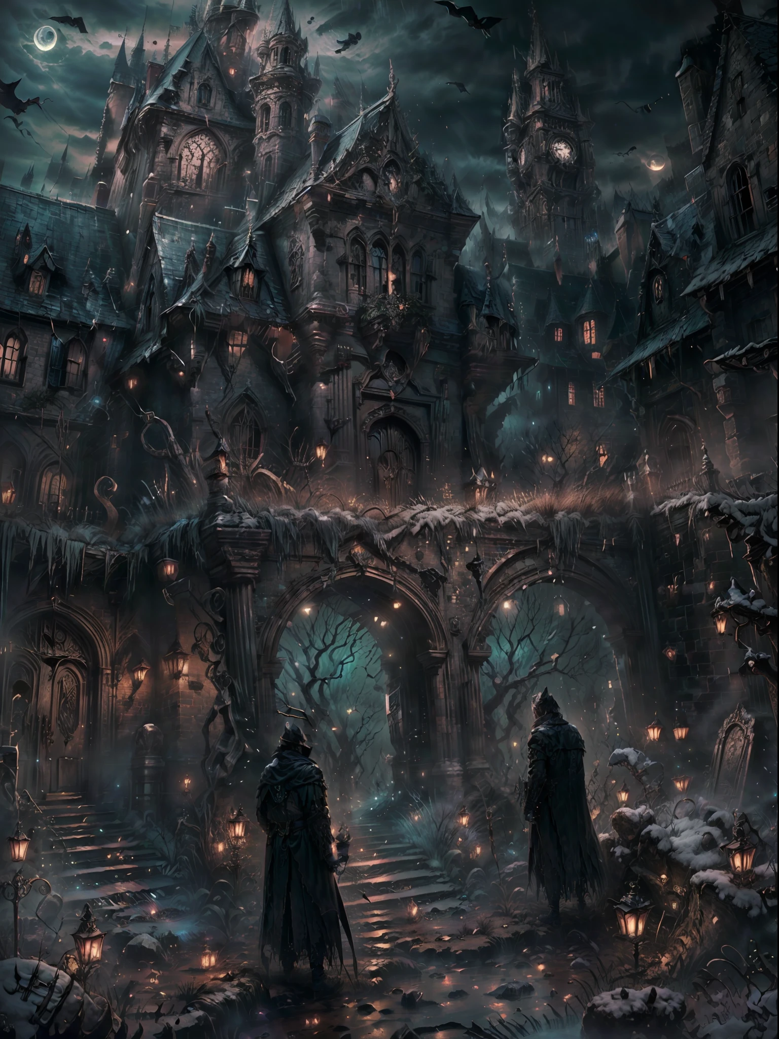 (Big Dark age castle, gothic style), dark night, crescent moon, dark theme, ravens, Gotham city castle,BREAK,Detailed,Realistic,4k highly detailed digital art,octane render, bioluminescent, BREAK 8K resolution concept art, realism,by Mappa studios,masterpiece,best quality,official art,illustration,ligne claire,(dark_color),perfect composition,absurdres, fantasy,focused,rule of third
