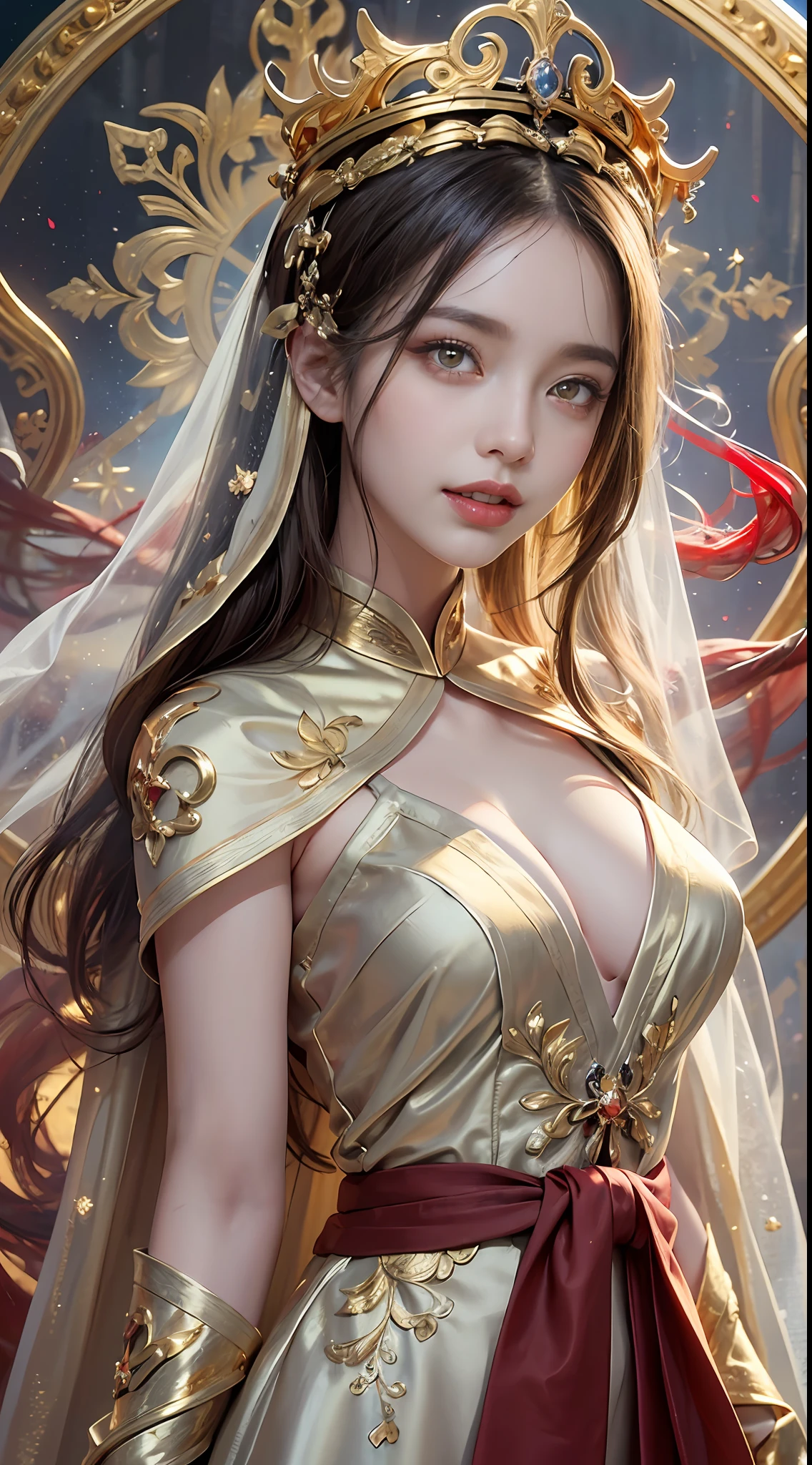 1 beautiful 27-year-old saint, charming adult saint in a long dress made of thin silk, flawless beautiful face, wearing a thin multicolored silk dress, (((Natural smile:1.0))), ((flat bangs:0.5)), (((platinum long hair:0.8))), big crown, hair brooch, hanfu dress, fanciful hanfu style, full body jewelry, forehead tattoo, super even chest, woman face, beautiful and pretty face, ((even porcelain teeth: 0.8)), The most beautiful and detailed light red lipstick, ((Thin plump lips:0.3)), ((Golden Eyes color:1.6), Detailed and delicate lighting effects, light and dark, dramatic lighting, magical light, extremely detailed light, true color, super sharp, realistic, 8k quality, fantasy universe background, saints and magical space, the most detailed images, ((Solo:0.3)), ((a saintess:0.6)), ((looking directly at the saint's upper body:0.4)), upper body, ((smooth skin:0.5)), ((the holy woman's veil:1.2)), ((solo:1.3)), ((alone girl:1.3)), female saint portrait, short images, Upper body portrait, (((open mouth:0.6))), Digital Realistic, ((fanciful red smoke effect:1.2)),