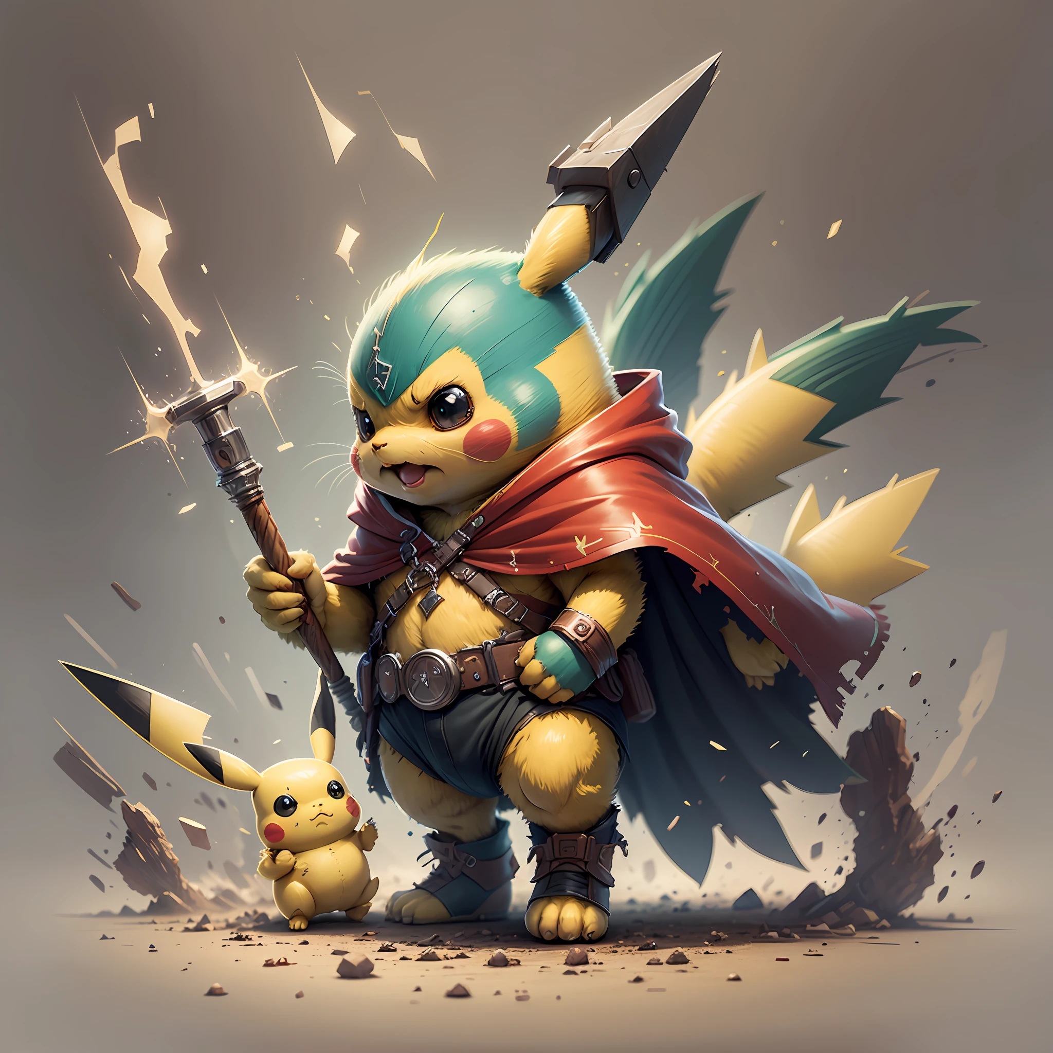 Start with a basic sketch of Pikachu, with a Thor hammer in one hand and wearing a red cape with gold accents.

Add some Thor features such as a helmet with wings and boots with metal details to add a more authentic touch to the character.

To give Pikachu a fluffy touch, overdo the dimensions of his head and ears and add rosy cheeks.

Use vibrant, cheerful colors to bring your drawing to life, with shadows and highlights that create depth and texture.

Add a suitable background to the drawing, such as a scenario that shows Pikachu in action or a simple background that doesn't distract the character's attention.

To finish, add some clean and crisp lines that highlight the characteristics of the character and add a more "cartoon" touch to the drawing.
