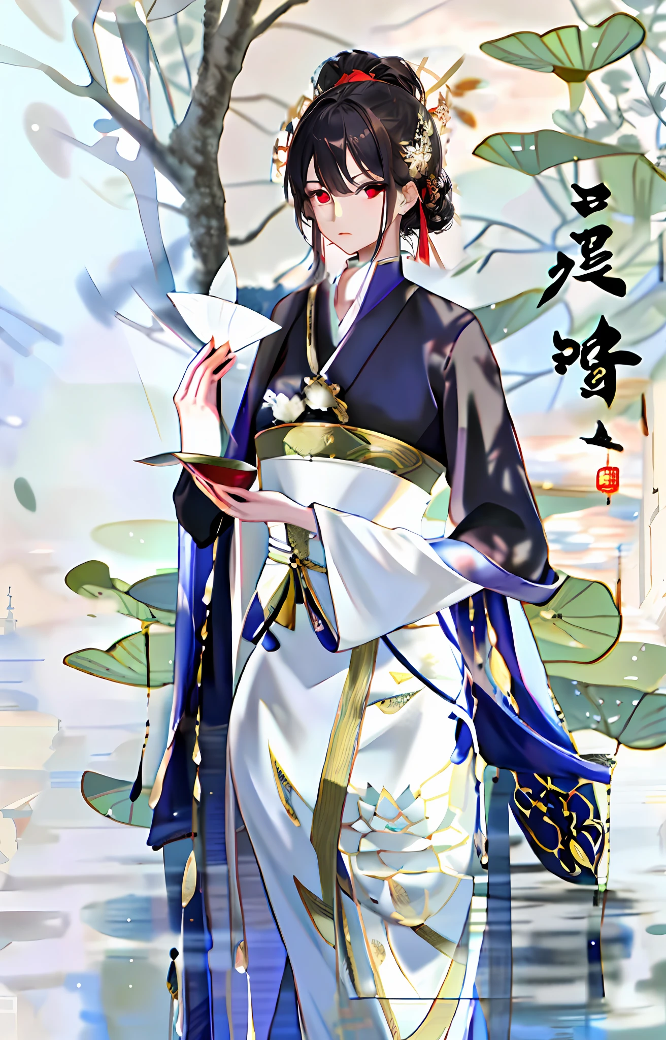 wearing ancient Chinese costume，Flowing tulle，Light silk，Lazy posture，large lotus leaf，lotuses，Ink painting style，clean color，Decisive cut，Leave white space，impressionistic，tmasterpiece，ultra-detailliert，Epic composition, high qulity, HighestQuali