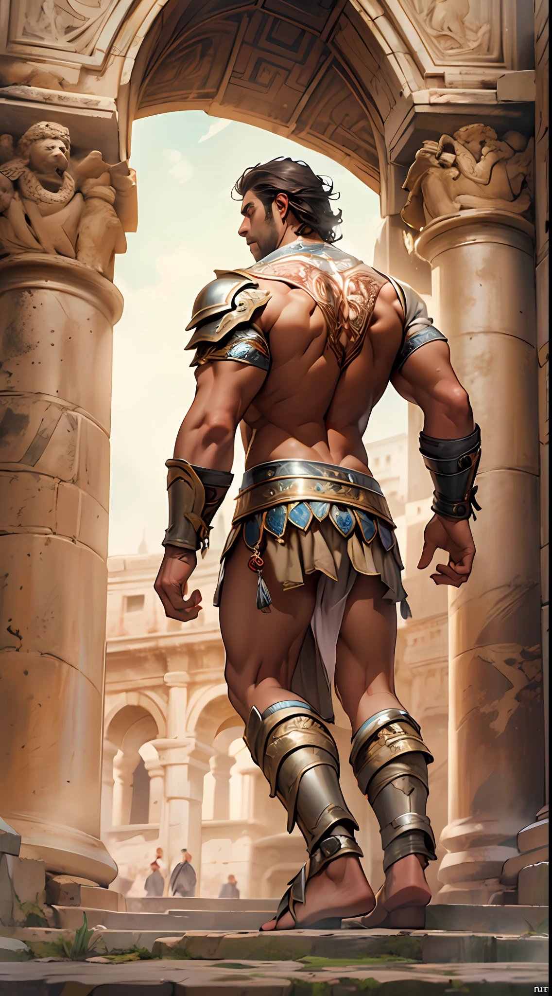 Muscular gladiator,Upper body revealed, legs uncovered from thighs to feet, flowing long curls, intricate muscular details, photorealistic artwork. Background: Ancient Roman arena.,32k uhd, best quality, masterpiece, super detail, high details