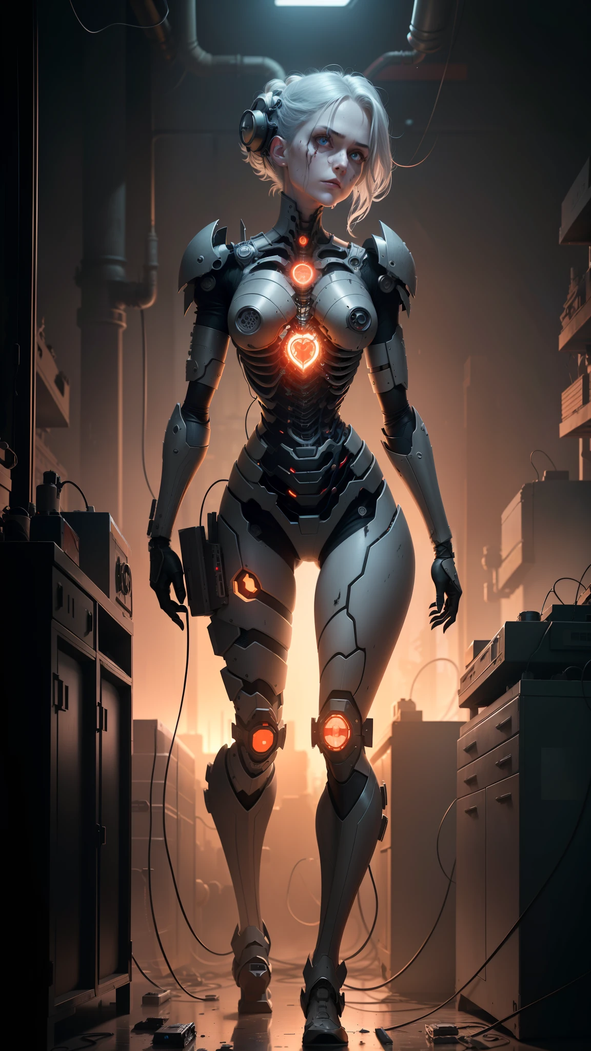 Darkness, horror, experiments, factories, sparks, (anatomy: 1.3) (damage: 1.2) (machine: 1.1) (woman with perfect body, full chest) has gray hair and beautiful, detailed red eyes. He has one (machine (heart: 1.1) and one (dirty face: 1.2), exposed wires and pipes, internal mechanical parts damaged and short circuited, severe damage, removal, natural light, light tracking, complex circuitry, illustrations, 8 wallpapers, ultra-detailed, full-body portraits, the best picture, wrong images, the wrong way, intricate details of the highest quality, ridiculous