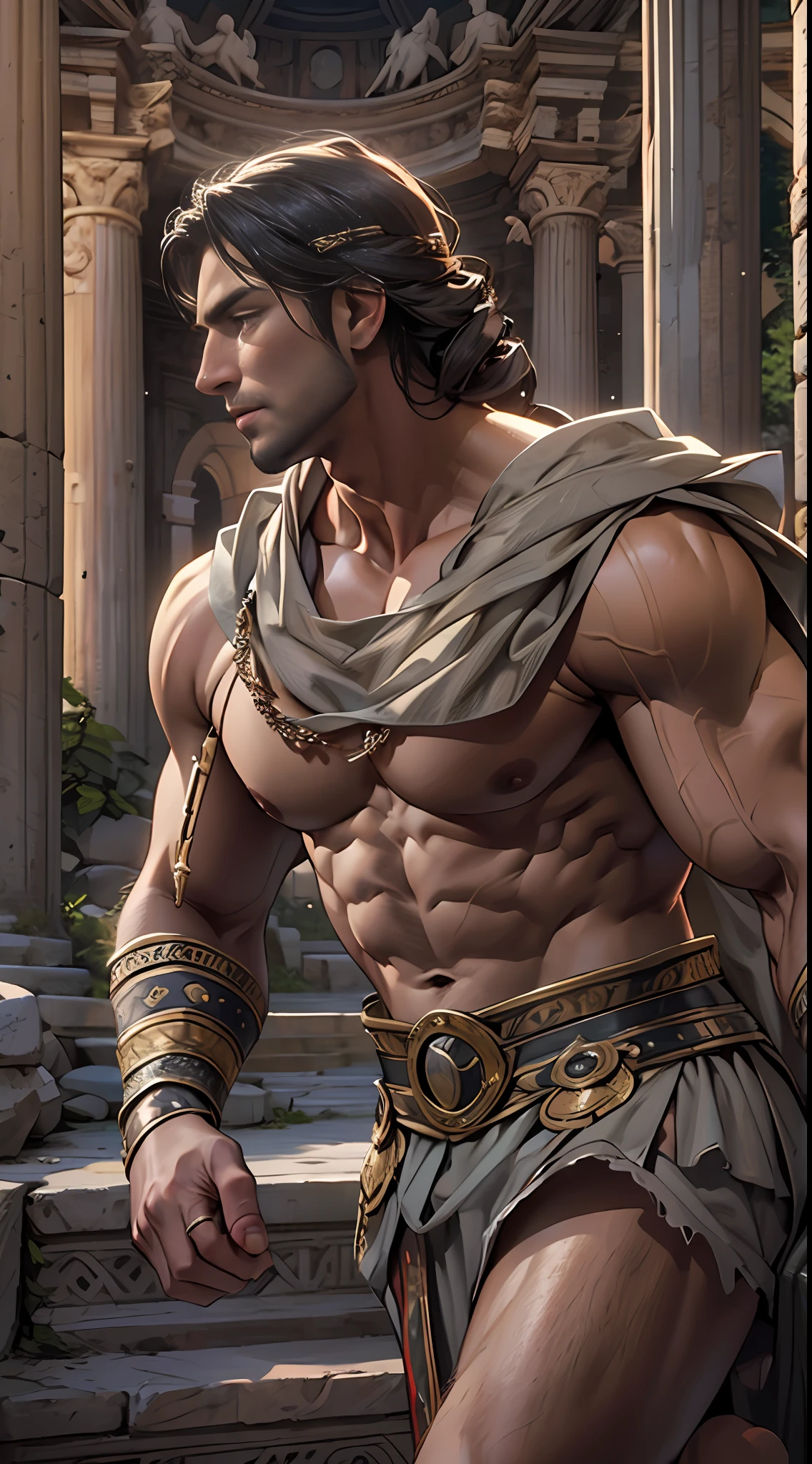Muscular gladiator,Upper body revealed, legs uncovered from thighs to feet, flowing long curls, intricate muscular details, photorealistic artwork. Background: Ancient Roman arena.,32k uhd, best quality, masterpiece, super detail, high details
