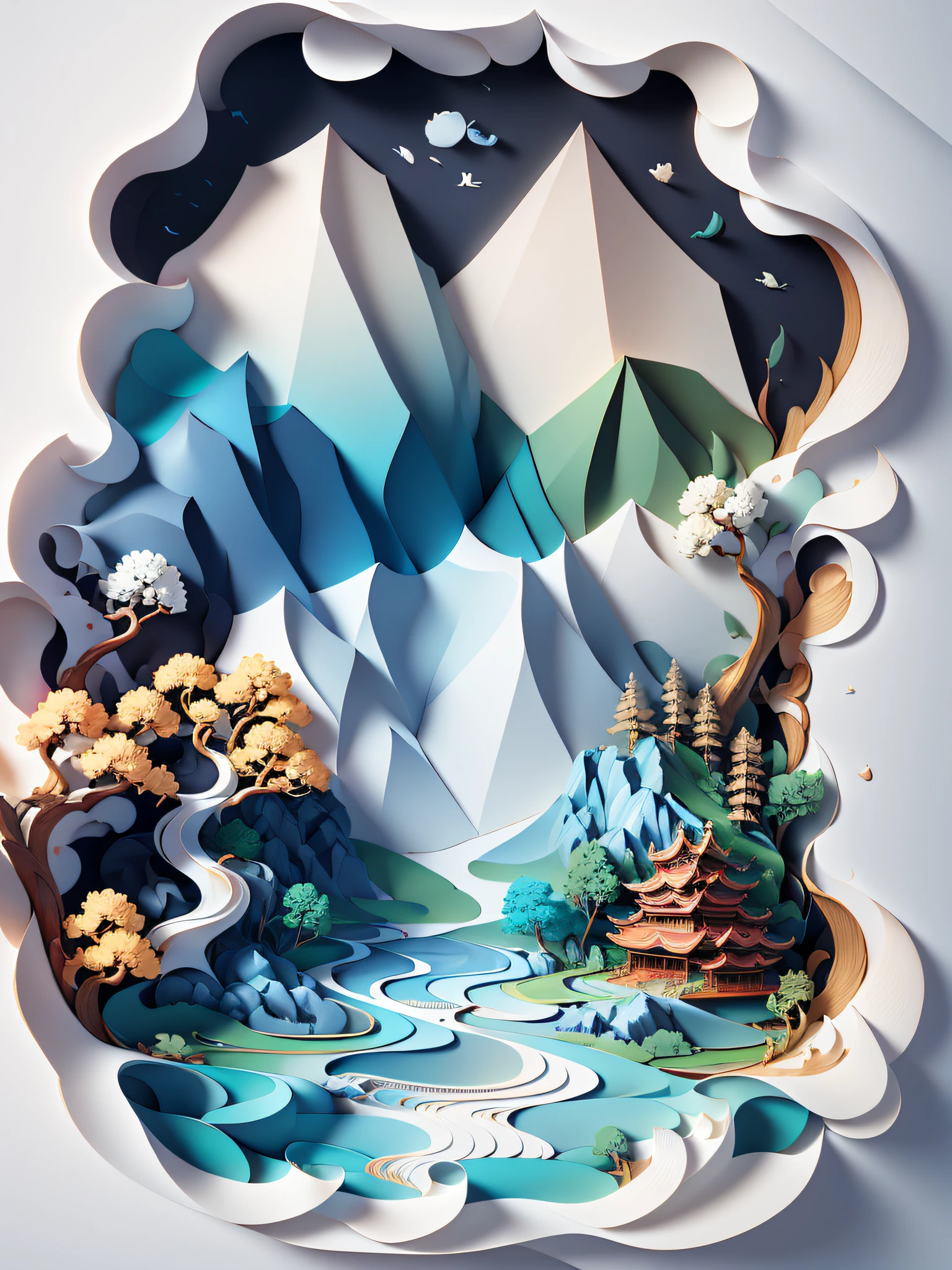 Traditional Chinese landscape painting, paper creation, 3D stereoscopic rendering, color gradient from white to light blue, 4K resolution, simple and natural composition, :white background, fresh and vulgar style. (:nature:)