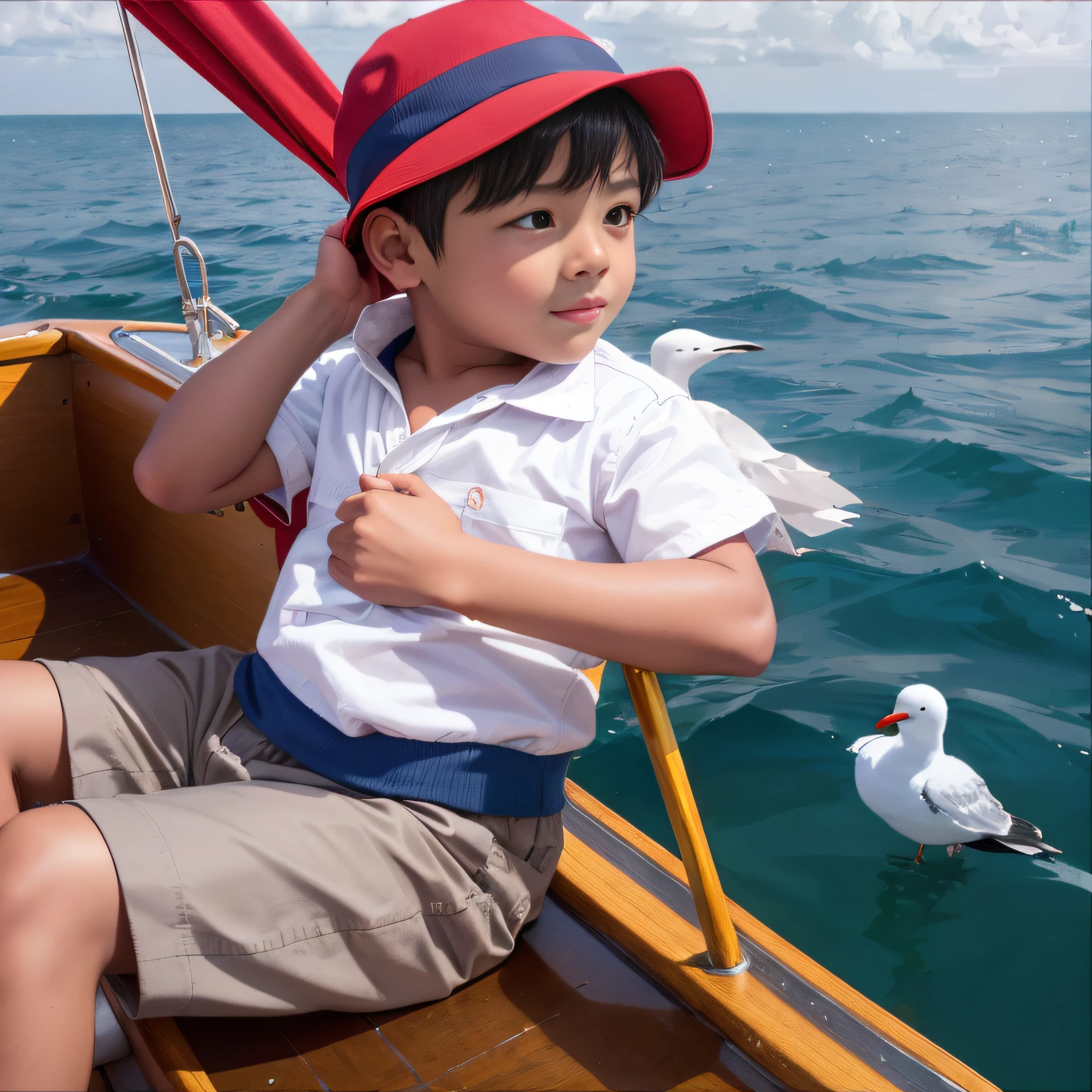 Boy in a red hat sits on a boat with seagulls, he's on an old sailing boat, On a boat, on the bow, On the sea, on a boat on a lake, sailor outfit, still from live action movie, children's, On a yacht at sea, Set sail, On the ocean, wearing a white bathing cap, on the ocean water