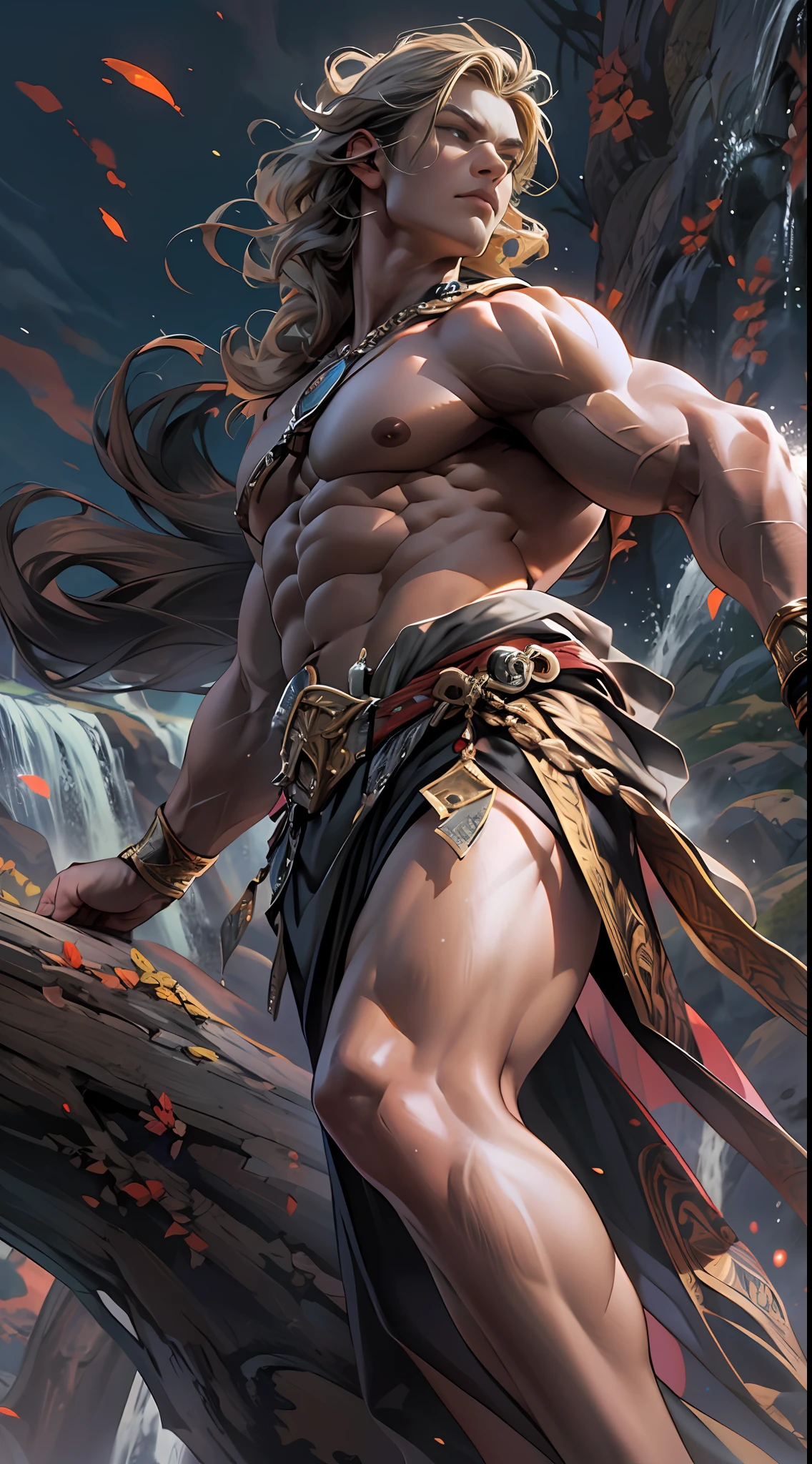 Powerful warrior, upper torso unveiled, lower body uncovered from thighs to feet, cascading long curls, meticulous muscle definition, lifelike depiction, 4K resolution. Background: Mythical fantasy landscape.,32k uhd, best quality, masterpiece, super detail, high details
