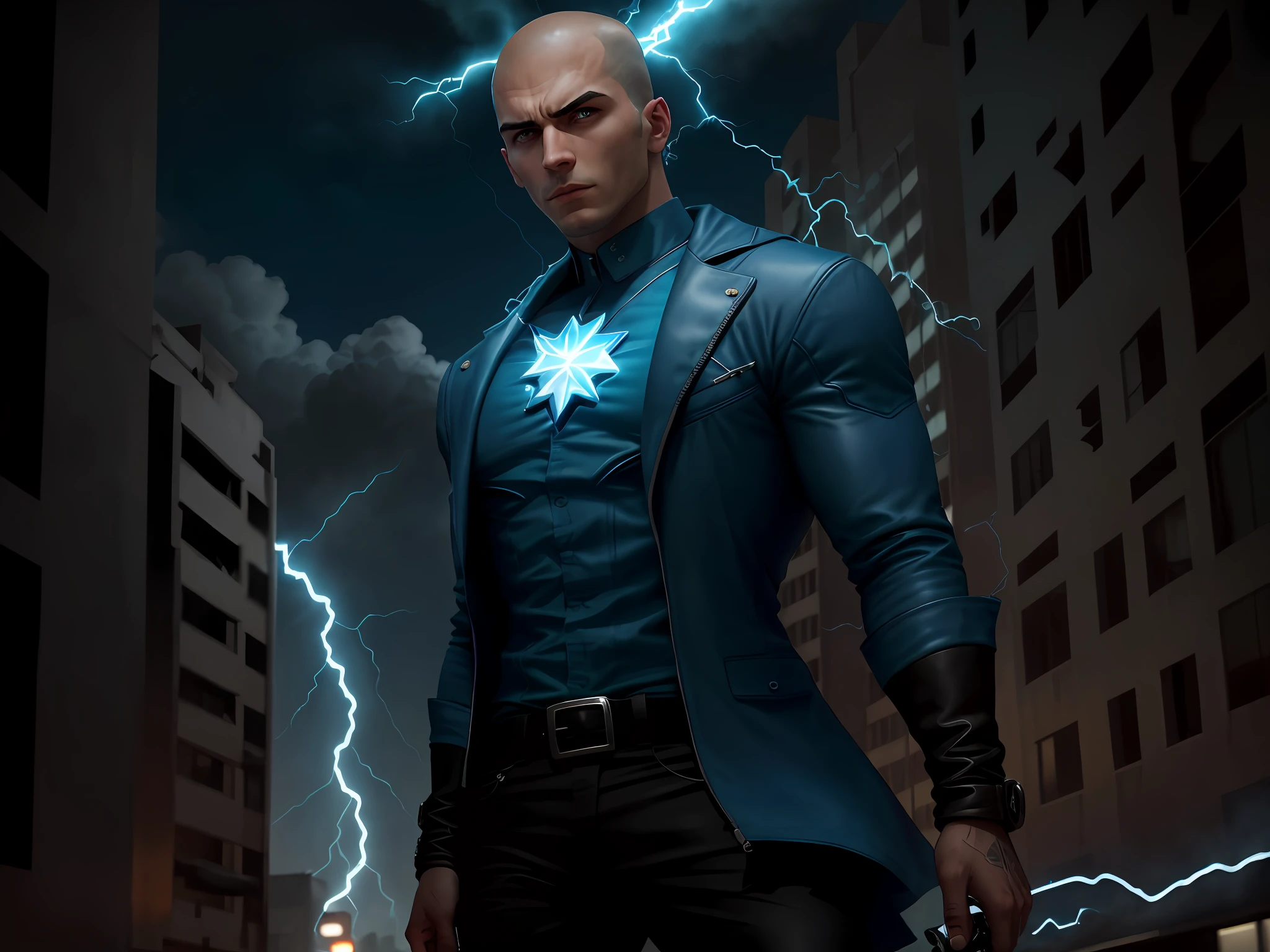 Raio Azul, an impulsive young hero with control over electricity, enfrenta um desafio eletrizante. careca,barba e olhos azuis intensos, ele veste um traje azul e prateado, com detalhes reluzentes que lembram raios. A powerful gang of tech criminals threatens to paralyze the city with their high-voltage devices. The Blue Ray must use its ability to generate and control electricity to neutralize the threat, Thwarting the gang's plans and protecting citizens. No entanto, He will need to learn to control his impulsivity and use his skills wisely to meet this challenge.