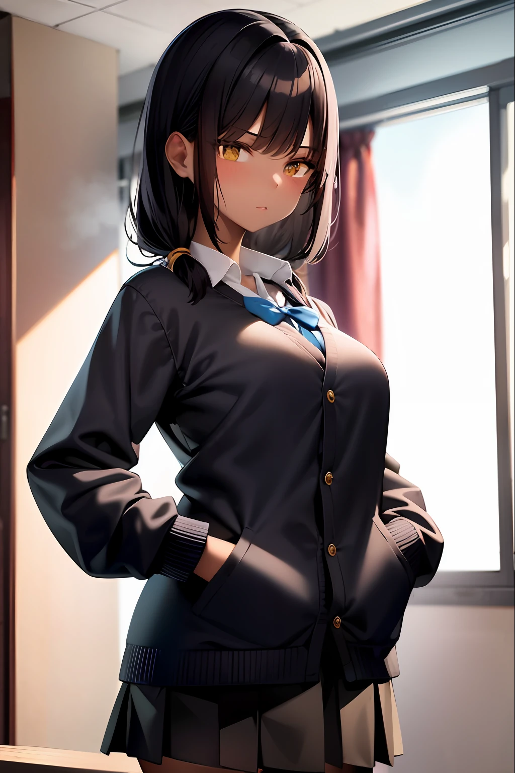 ​masterpiece, top-quality, 1girl,, A dark-haired, length hair, yellow  eyes, dark skinned female, a black skirt, 校服, Blue bow tie, Blue cardigan, hands on pockets, shirt with collar, long-sleeve,, in class room, Indoors, red blush