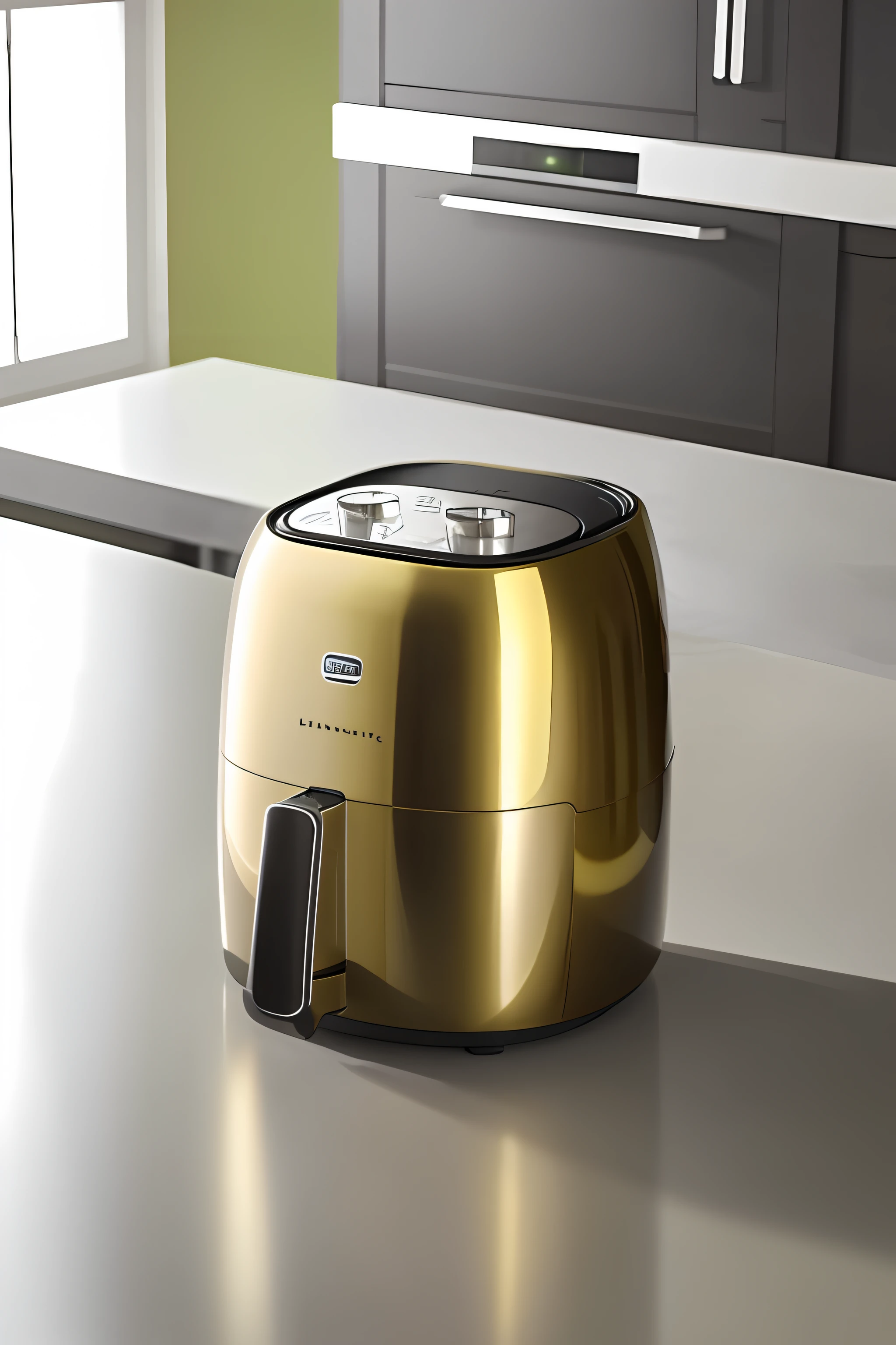 Kitchen environment,There is a green and gold air fryer on the surface, product introduction photos, professional product photo, Product photo, high quality product photo, delicacy, product design shot, product introduction photos, wood, 4l, very tasty, stone, Product photography, Wang Chen, professional product shot, 4 k product photo, high qualityProduct photography,