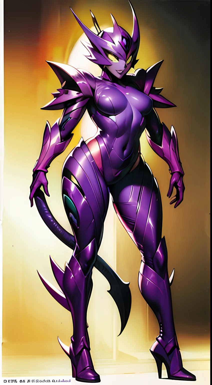 Female with purple and red hot insect shell、Guyver Style、evil smile、(​masterpiece, :1.3),(top-quality:1.4)、tail、Cel Shade Adult Animation、Alien Queen、Full Body Art