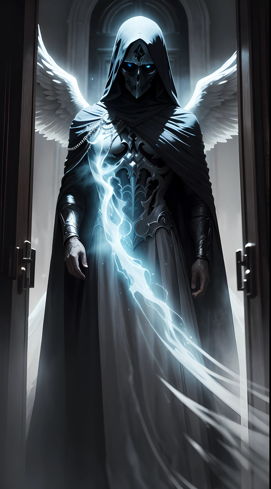 striking illustration of the Angel of Death, A mysterious and ethereal figure who guards the threshold between life and death. His presence is enigmatic and powerful., con alas inmensas que se extienden hacia el horizonte y una mirada penetrante que transmite serenidad y temor. He uses cool tones and deep shadows to emphasize his ethereal nature and his connection to the realm of death..(Dark lighting), ( Ethereal lighting),(Spectral illumination