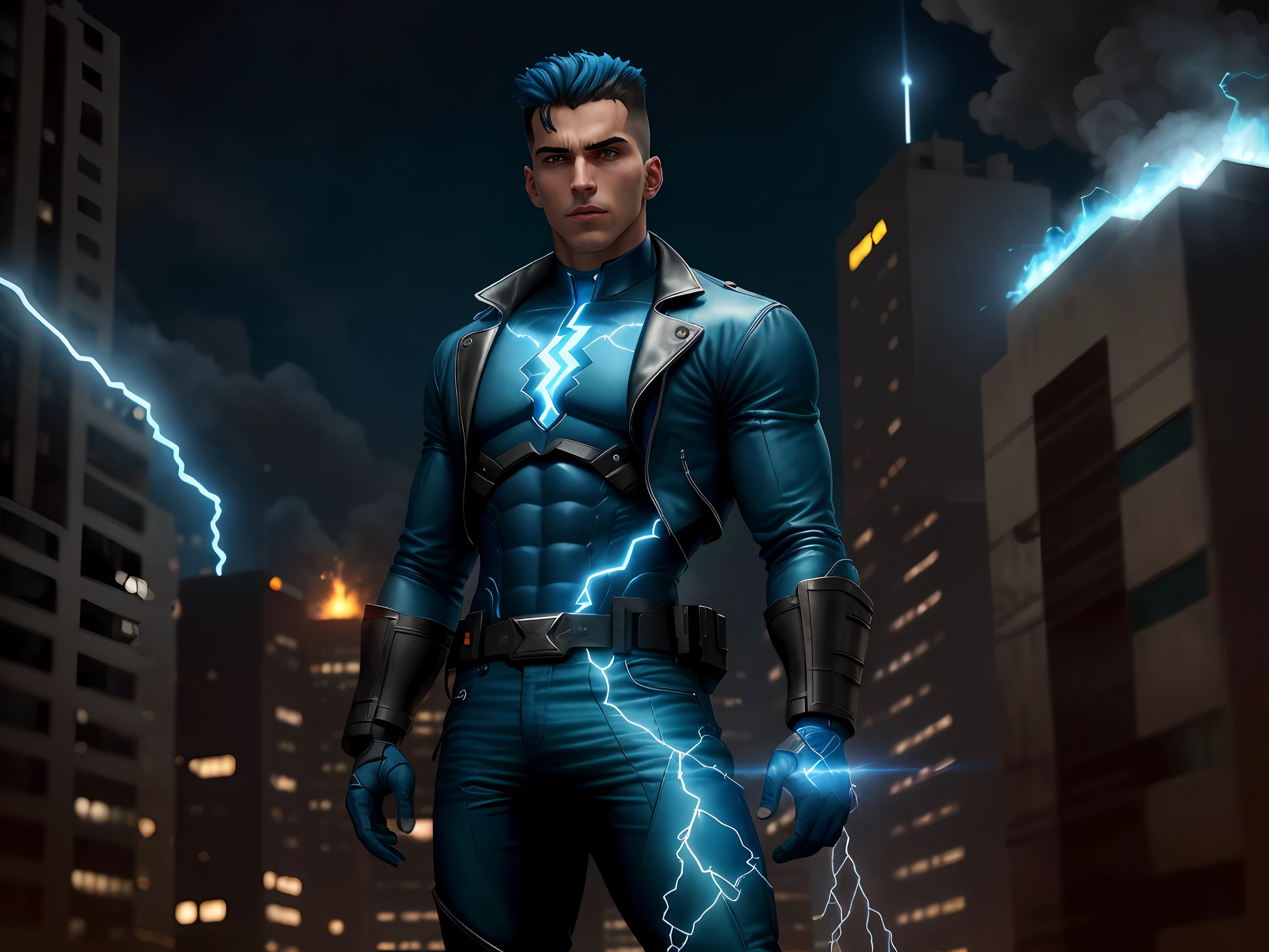 Raio Azul, an impulsive young hero with control over electricity, enfrenta um desafio eletrizante. careca, barba e olhos azuis intensos, ele veste um traje azul e prateado, com detalhes reluzentes que lembram raios. A powerful gang of tech criminals threatens to paralyze the city with their high-voltage devices. The Blue Ray must use its ability to generate and control electricity to neutralize the threat, Thwarting the gang's plans and protecting citizens. No entanto, He will need to learn to control his impulsivity and use his skills wisely to meet this challenge.