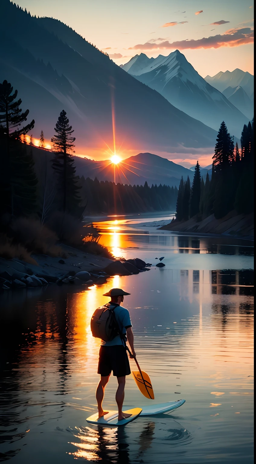 river, sup surf, man, sunset, mountains, summertime, cinematic, atmospheric, masterpiece