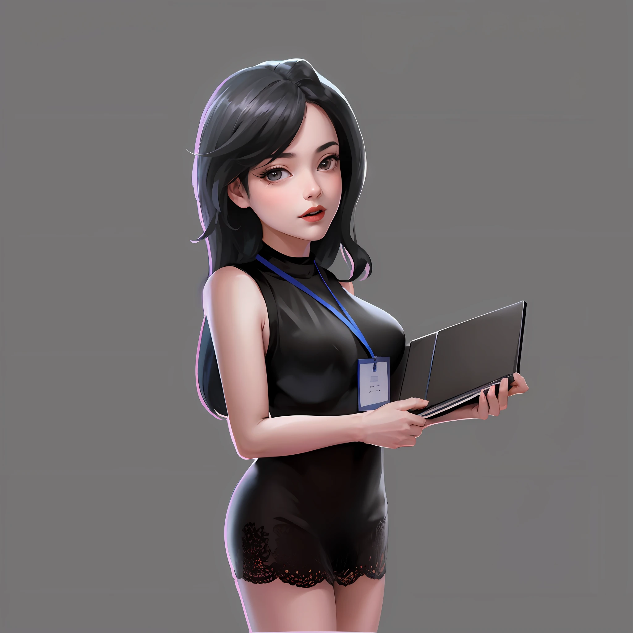 (absurderes, A high resolution, ultra - detailed), 1 beautiful secretary girl，rays of sunshine, Feminine, perfect body figure, finely quality eyes, Complicated details, sportrait, (bloody scars:0.7), Laptop in hand, 独奏, (full bodyesbian:0.6),detailed back ground，closeup cleavage，A determined expression，Dynamic posture，Slam dunk in Japanese manga，A girl in a black lace dress，Very beautiful looking，Long hair，Sideways holding the computer， ，Vector graphics，Flat coating，pop-art，Encaustic painting，detail-rich，The painting style is refreshing，Professional illustration、 A beautyful girl，The texture is clear，Local Q printing，Rounded，Flat coating，detailed meticulous，oil painted，Paint every intricate detail with an oil brush on a smooth canvas， ，hiqcgbody，Lens 135mm，f 1，